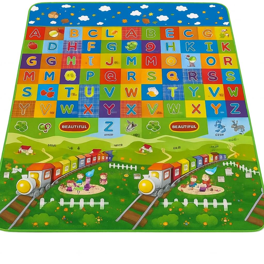 Tapete de Atividades Infantil Dobrável 120x180cm Tatame Bebê Dupla Face Impermeável Antiderrapante Portátil Macio Antialérgico Educativo Multiuso (Trem)