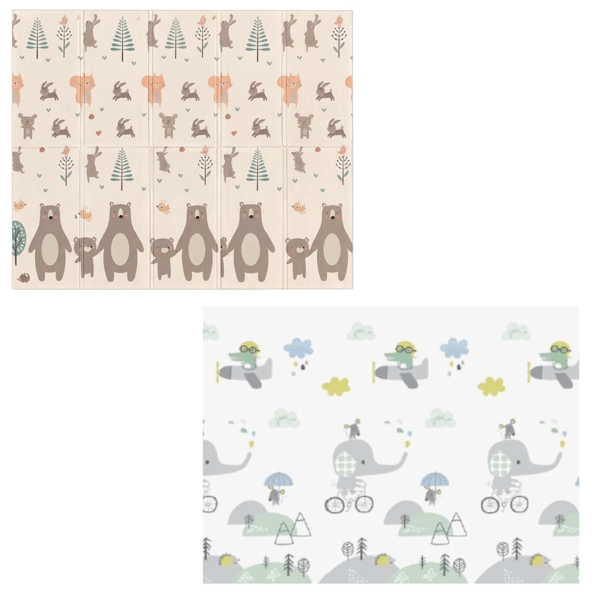 Tapete de Atividades Para Bebês e Crianças Dobrável, Impermeável e Dupla Face 200x150 10mm - Urso e Elefante