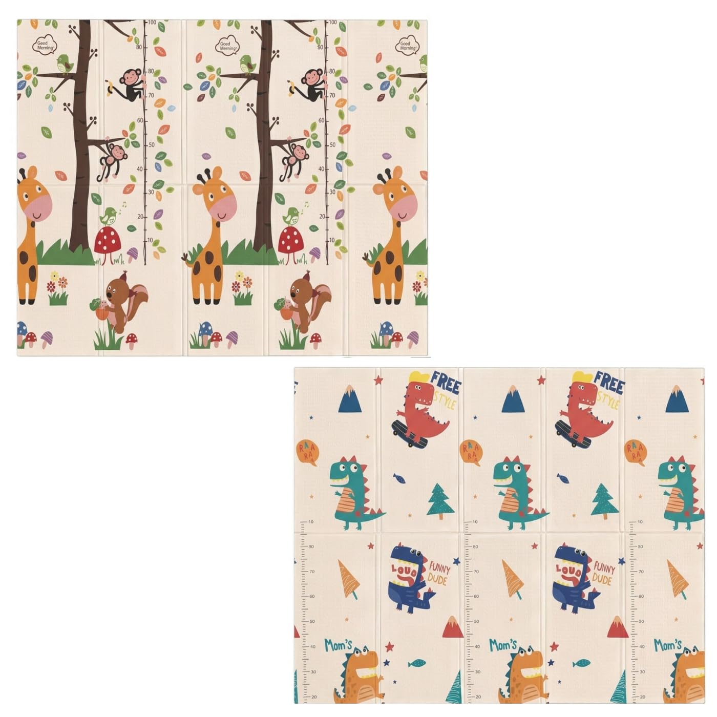 Tapete de Atividades Para Bebês e Crianças Dobrável, Impermeável e Dupla Face 200x150 10mm - Dinossauro e Girafa