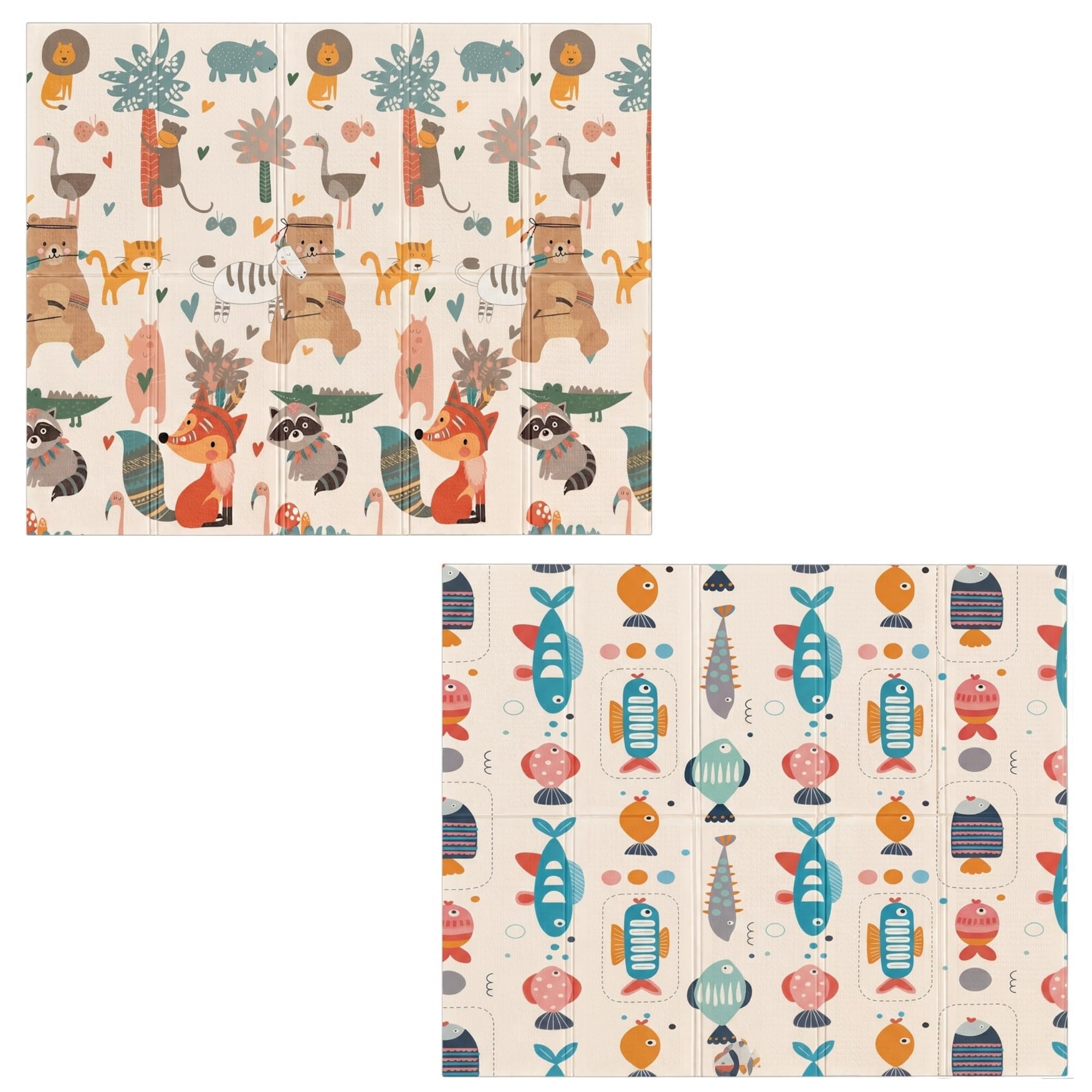 Tapete de Atividades Para Bebês e Crianças Dobrável, Impermeável e Dupla Face 200x150 10mm - Peixe e Savana