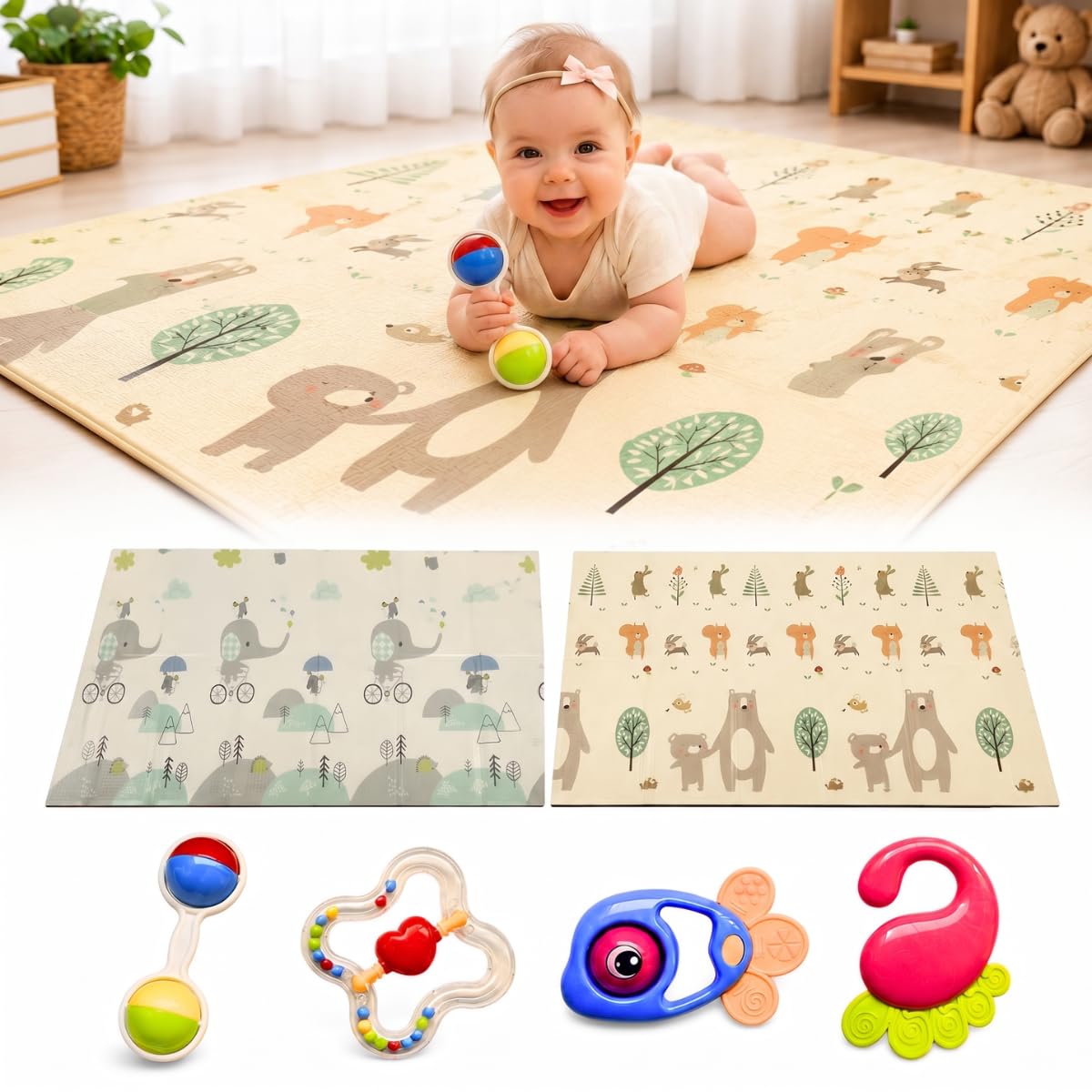 Kit Tapete de Atividades Bebê Gigante Térmico XPE Dupla Face Dobrável e Impermeável + 4 Chocalhos Mordedores Sensoriais - Brinquedos para Estimulação Visual e Motora Infantil com INMETRO (Elefante / Urso)