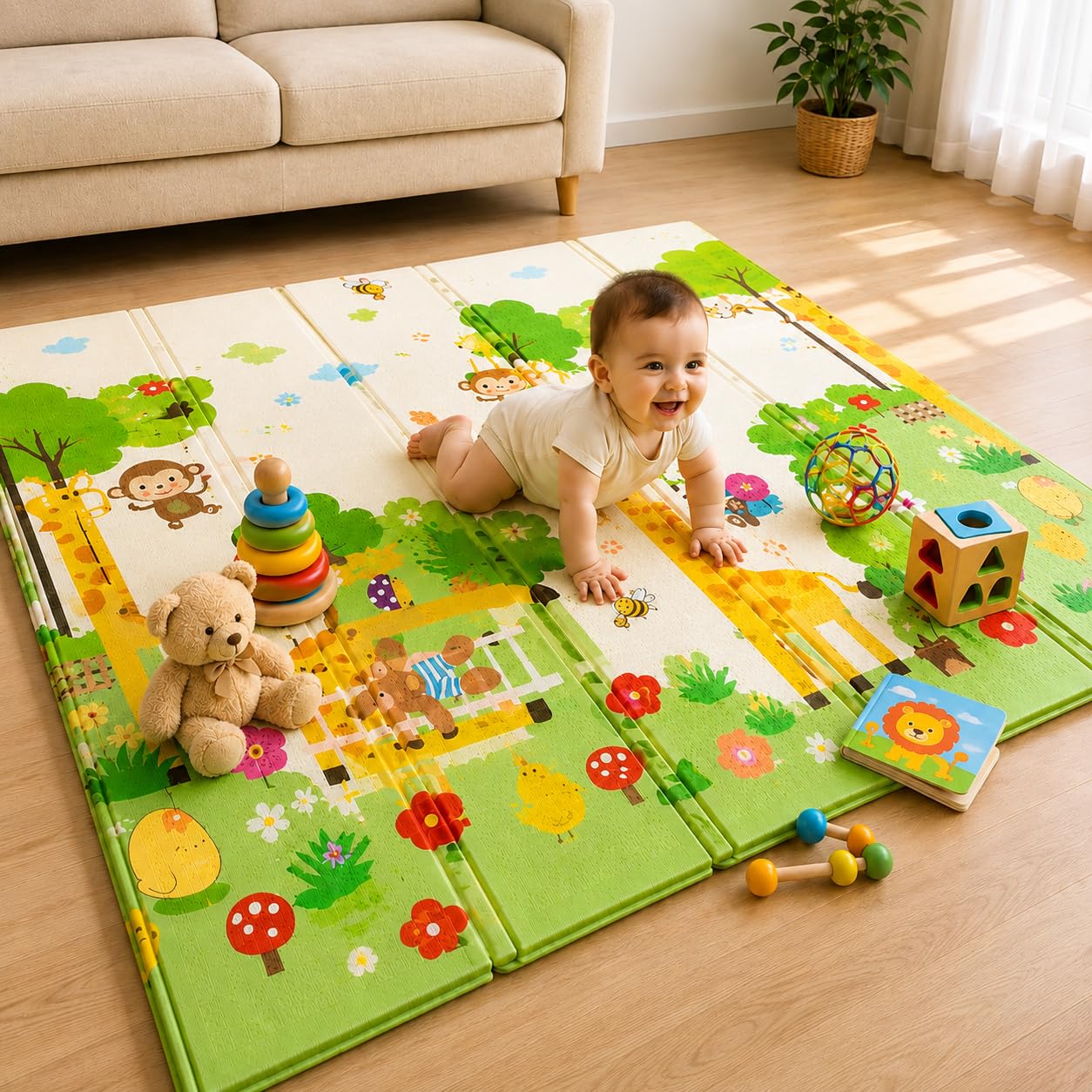 Tapete Tatame Infantil Dobrável 2x1,5m Emborrachado Dupla Face 6mm Antiderrapante para Bebê, Tapete de Atividades Educativas, Tapete para Engatinhar, Macio, Impermeável, Isolante Térmico, Reversível, Leve, Portátil, Estampa Safari Selva Macaco Girafa