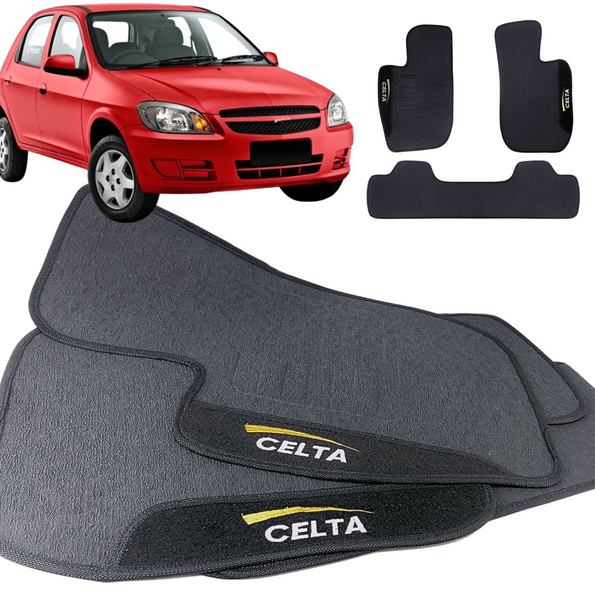 Jogo de Tapete Borracha Automotivo pra Carro Compatível com Celta 2000 2001 2002 2003 2004 2005 2006 2007 2008 2009 2010 2011 2012 Com Logo Bordado Impermeável Personalizado 3 Peças Traseira Inteiriça
