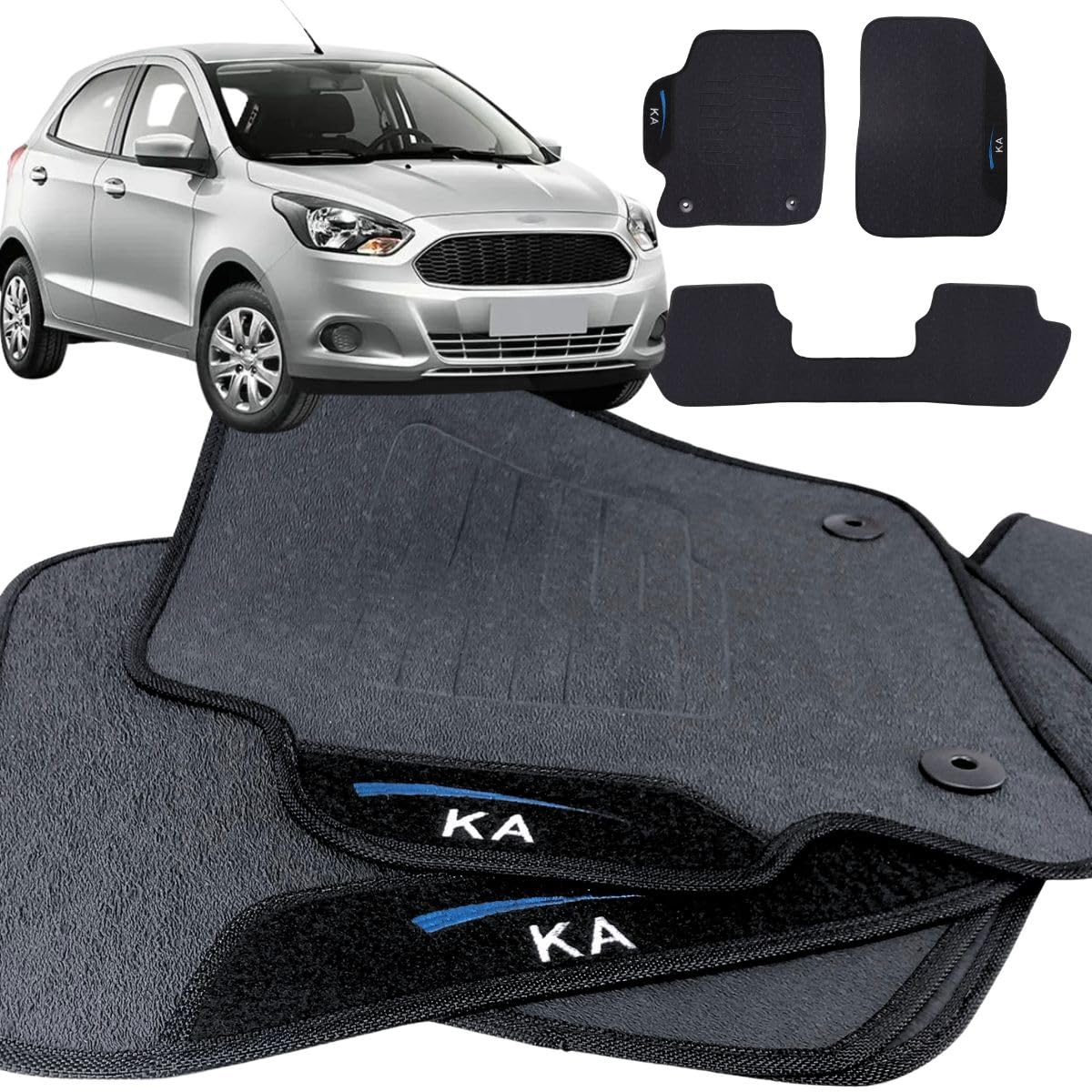 Jogo de Tapete Borracha Automotivo pra Carro Compatível Ka 2014 2015 2016 2017 2018 2019 2020 2021 2022 Com Logo Bordado Impermeável Personalizado 3 Peças Traseira Inteiriça W8 Acessorios