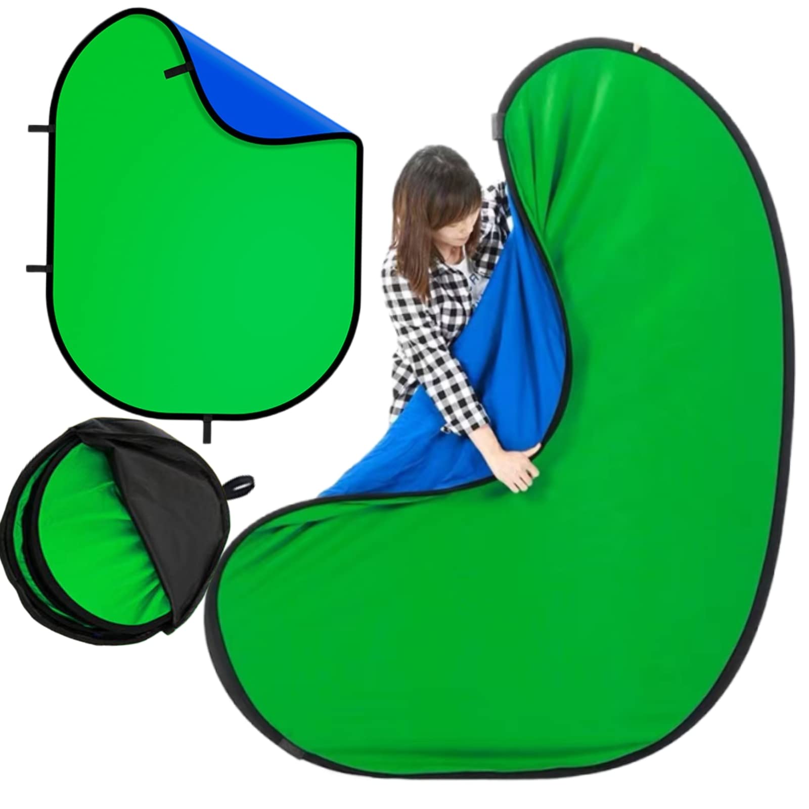 Pano de fundo de tela verde azul dupla face dobrável com bolsa de transporte, fundo de tela verde pop-up portátil para webcam de streaming (azul e verde, 120 x 150 cm)