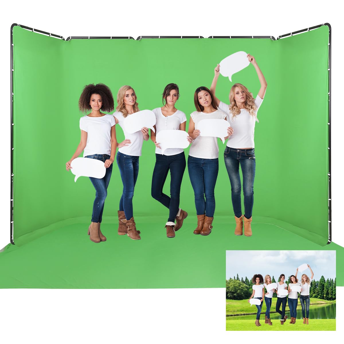 Kit profissional de 2,4 m x 5 m portátil grande Chromakey Green Screen Wide Backdrop com suporte para fotografia de fundo, sistema de suporte para sessão de vídeo de estúdio fotográfico