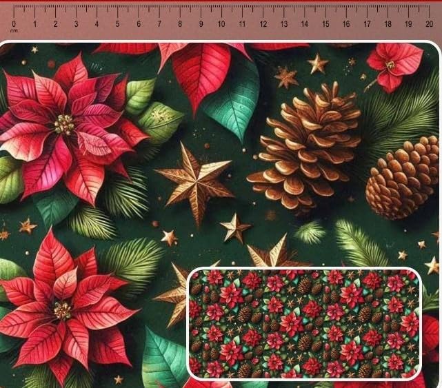Tecido Tricoline Digital Pinhas de Natal com fundo verde 50 x 150 cm | Fundo Verde Escuro, Estampa Natalina, Flores Vermelhas, Pinhas Douradas, Costura e Artesanato
