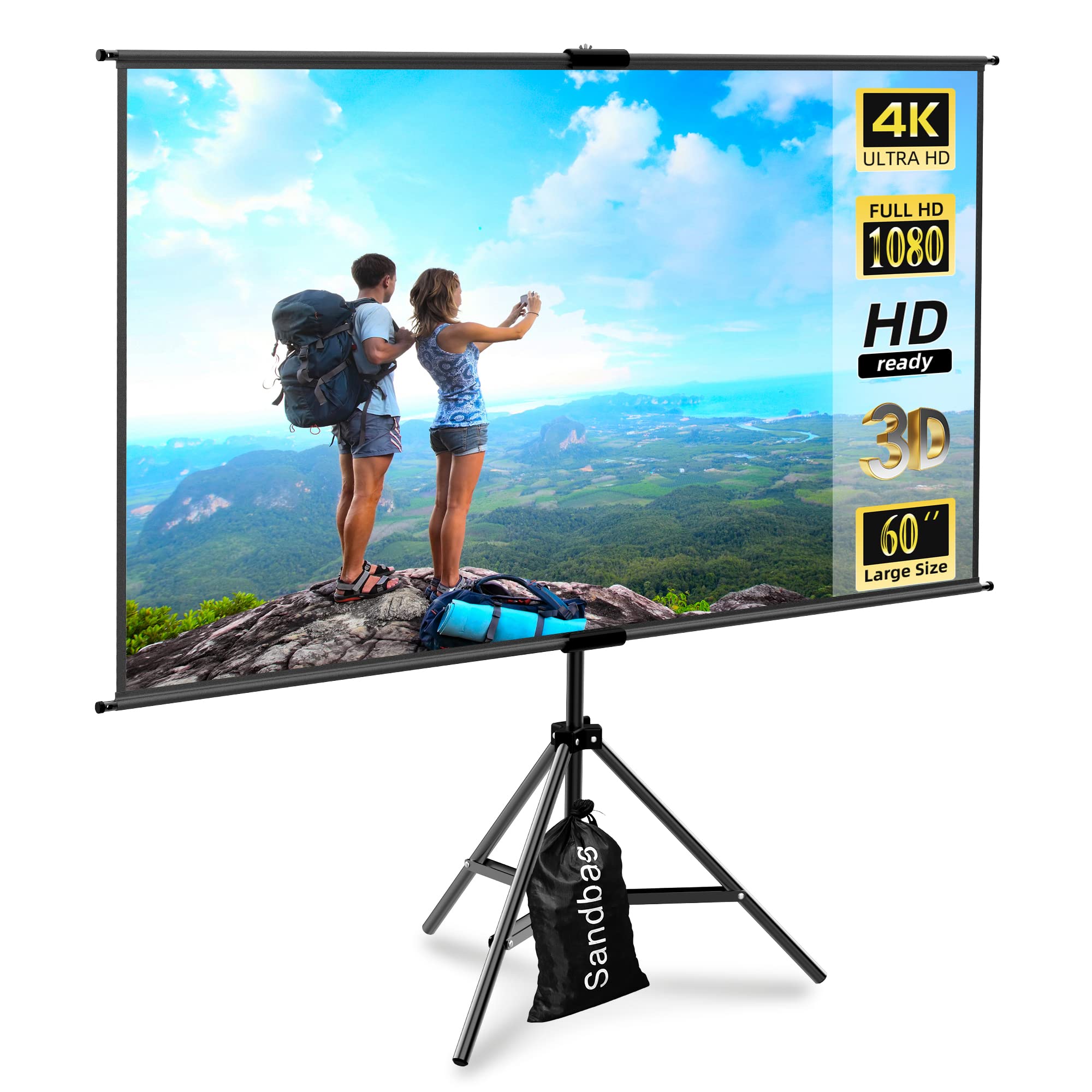 lejiada Tela de Projeção Portátil de 60" com Tripé, Tela de Projeção Compacta E Móvel para Espaços Pequenos, Altura Ajustável E Sem Rugas para Uso Interno, Externo, Em Camping E No Escritório