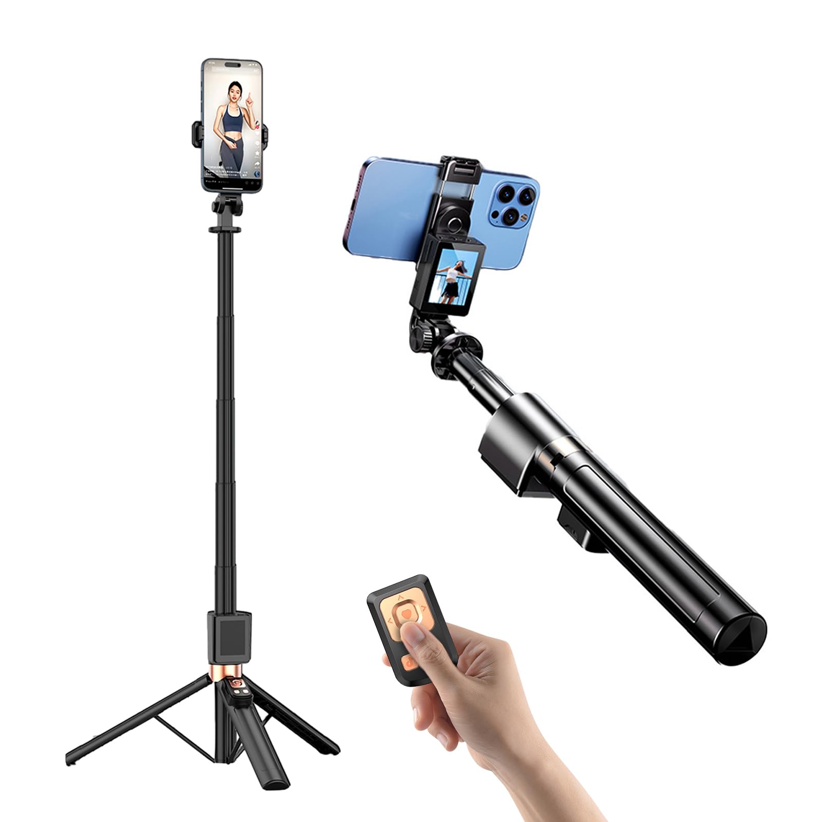 Tripé extensível de bastão de selfie para telefone com obturador remoto de tela de projeção, altura máxima de 170 cm, tripé de telefone de liga de alumínio para vlog, selfie, transmissão ao