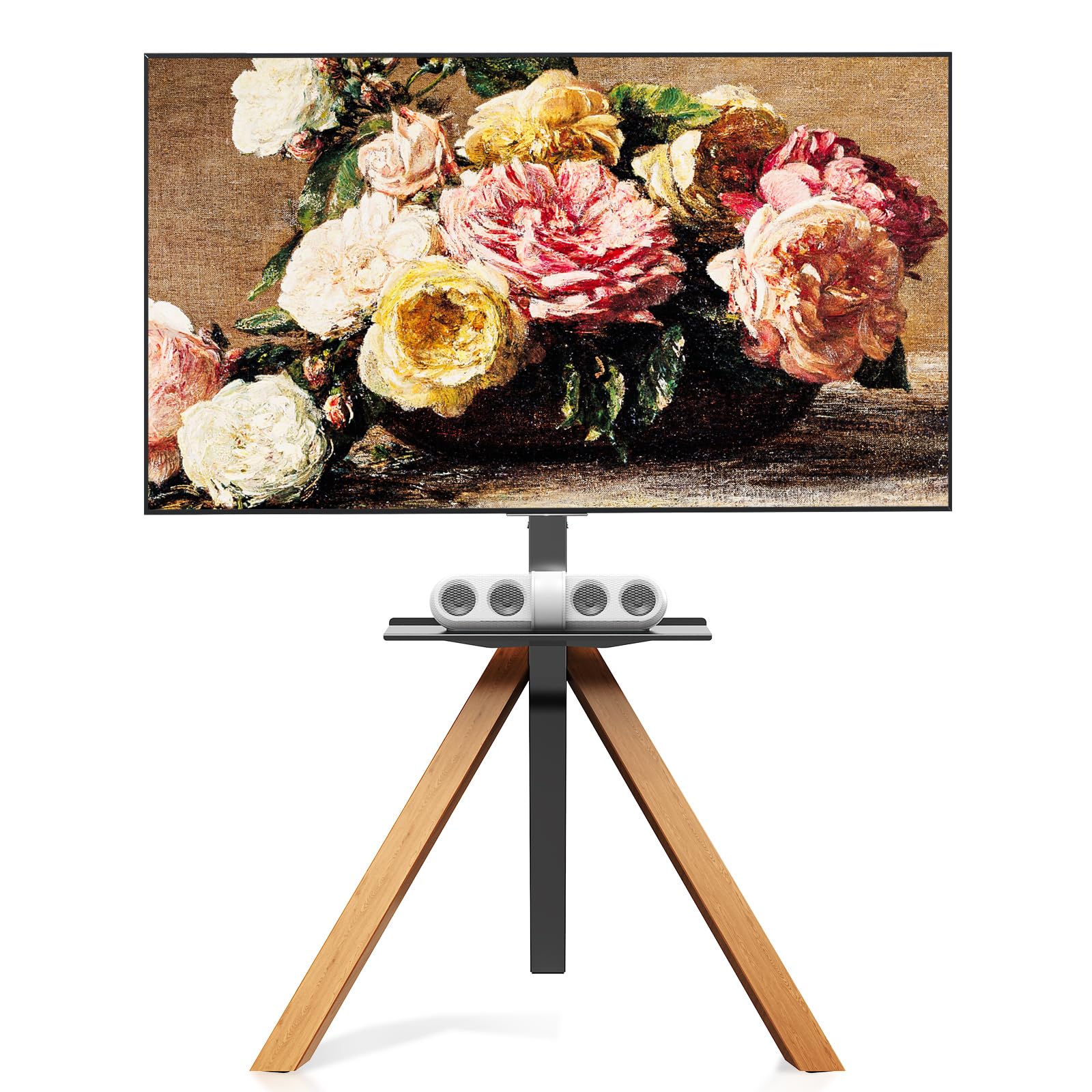 sythdio Suporte de TV com tripé para tela LCD LED OLED de 32 a 75 polegadas, suporte de TV moderno com suporte giratório, pernas de madeira, estilo minimalista, suporte de canto portátil para TV com suporte