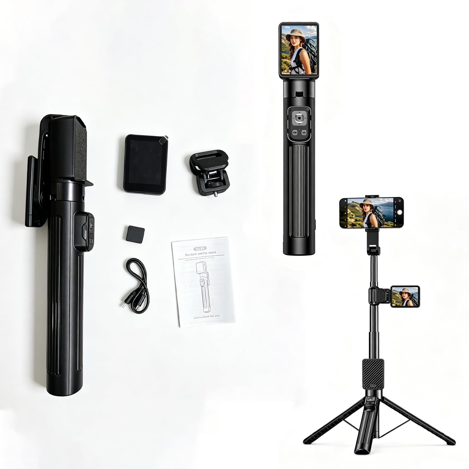 VBESTLIFE Tripé Extensível para Selfie Stick, Monitor Sem Fio de 2,4 Polegadas Com Tela 1080P para Transmissão Ao Vivo, Controle Remoto BT Cabeça Giratória 360 para Criadores de Conteúdo