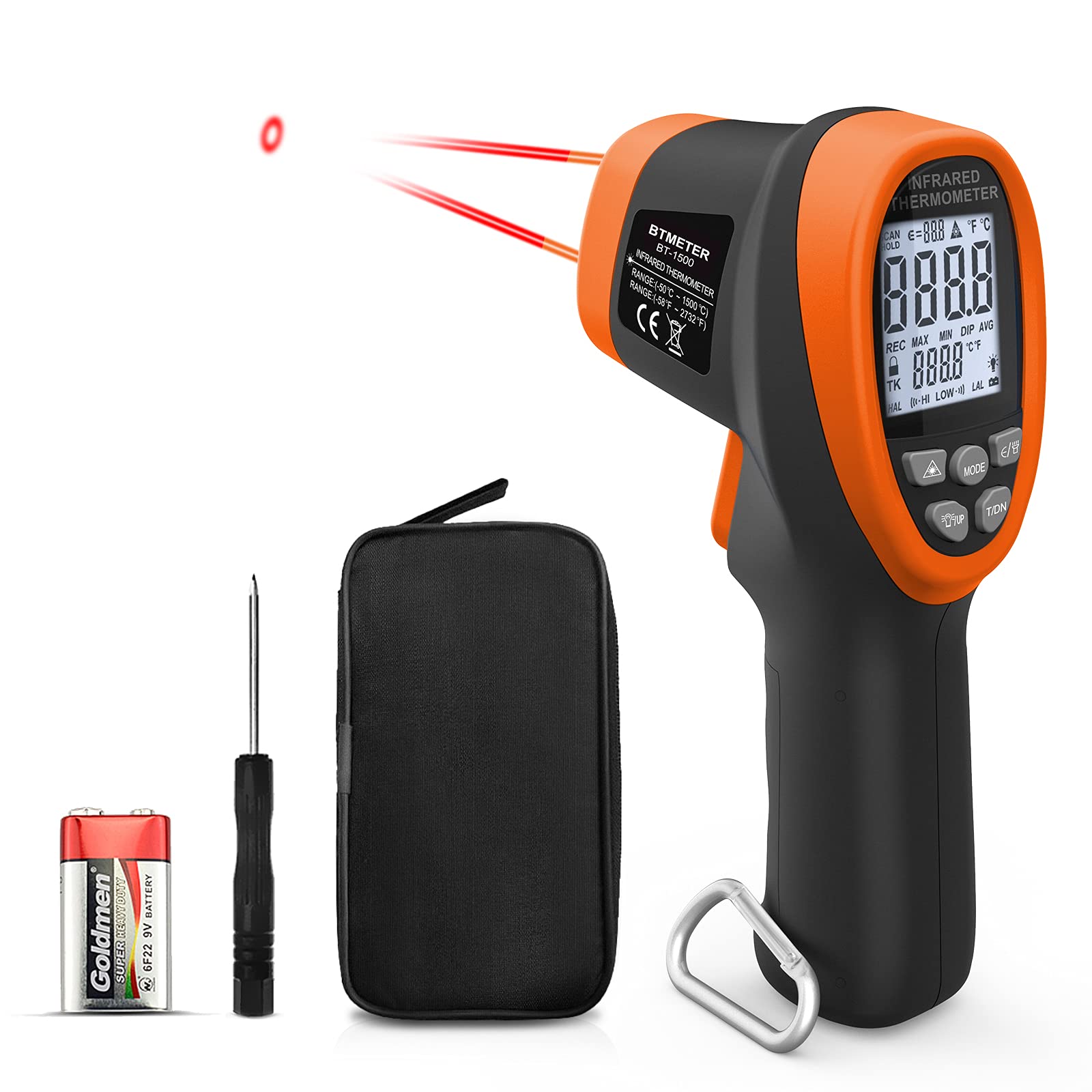 BTMETER Termômetro A Laser Industrial Bt-1500 Pyrometer 30:1, Sem Contato, de -58°F A 2732°F, Infravermelho, Digital, Laranja (Não Indicado para Medição de Temperatura Corporal).