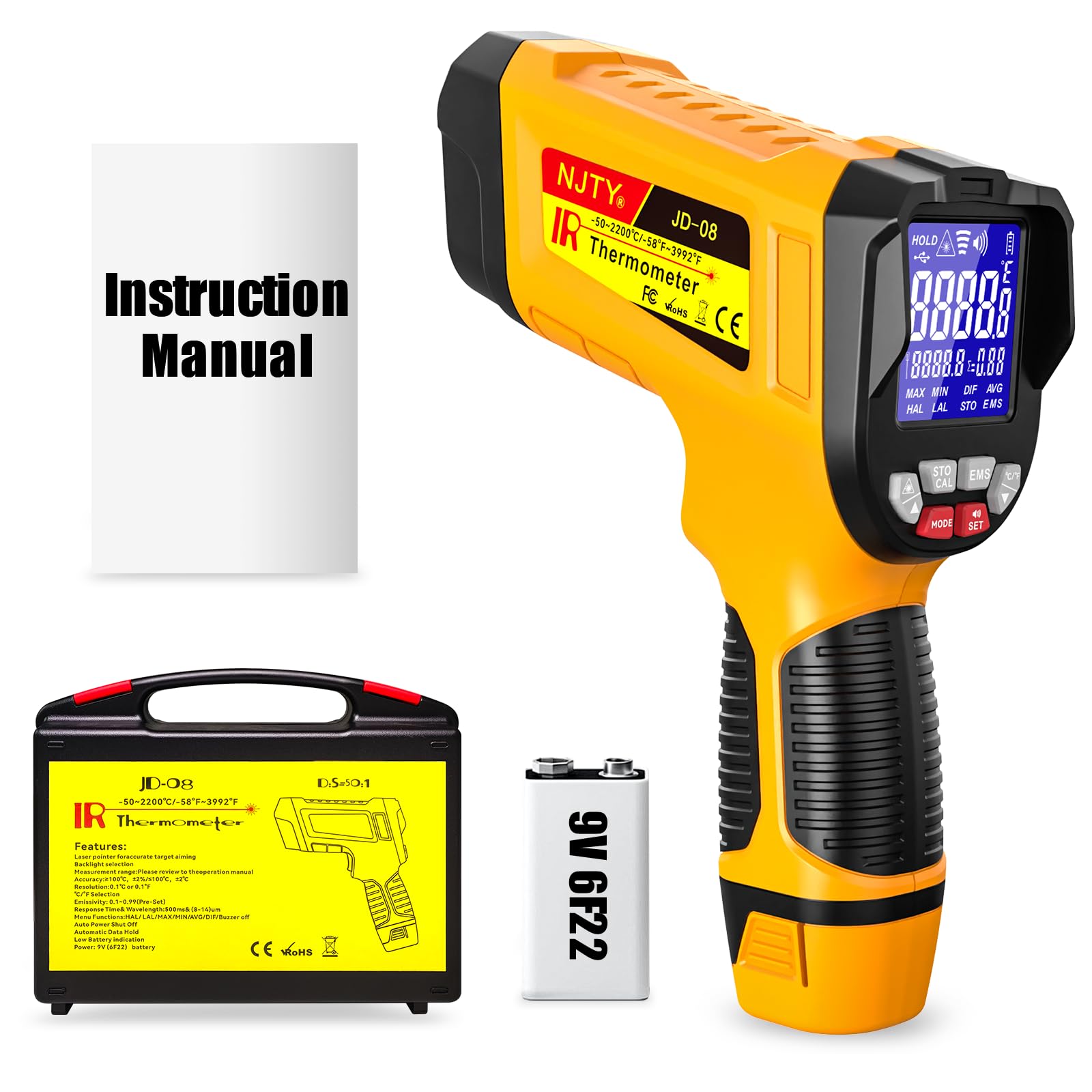 NJTY Termômetro Infravermelho Tipo Pistola, de -58 °F A 3992 °F, Termômetro A Laser de Alta Temperatura com Emissividade Ajustável, Pirômetro Infravermelho Digital Sem Contato para Fornos, Estufas