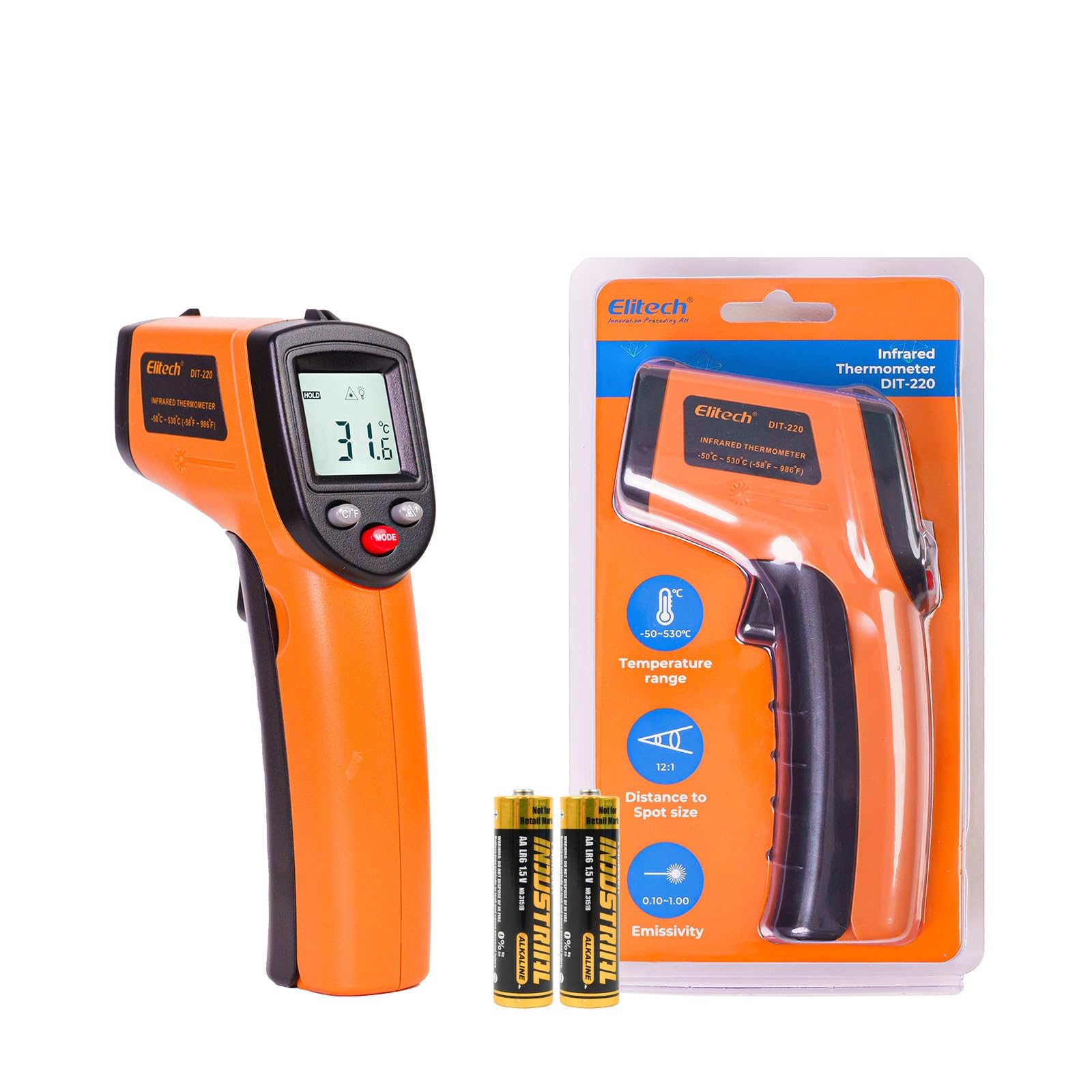 Elitech Termômetro A Laser Infravermelho Digital Sem Contato, Emissividade Ajustável, Luz de Fundo, Portátil para Churrasqueiras, Carnes, Alimentos, Doces,pç Automotivas E Ferramentas de Ar