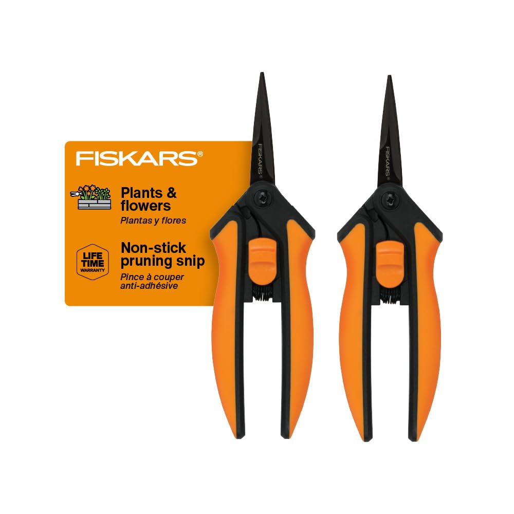 Fiskars Tesoura de poda de 15 cm (pacote com 2) para flores, brotos, ervas daninhas e plantas pequenas, cortadores de jardim com lâminas de aço inoxidável antiaderentes resistentes à resina