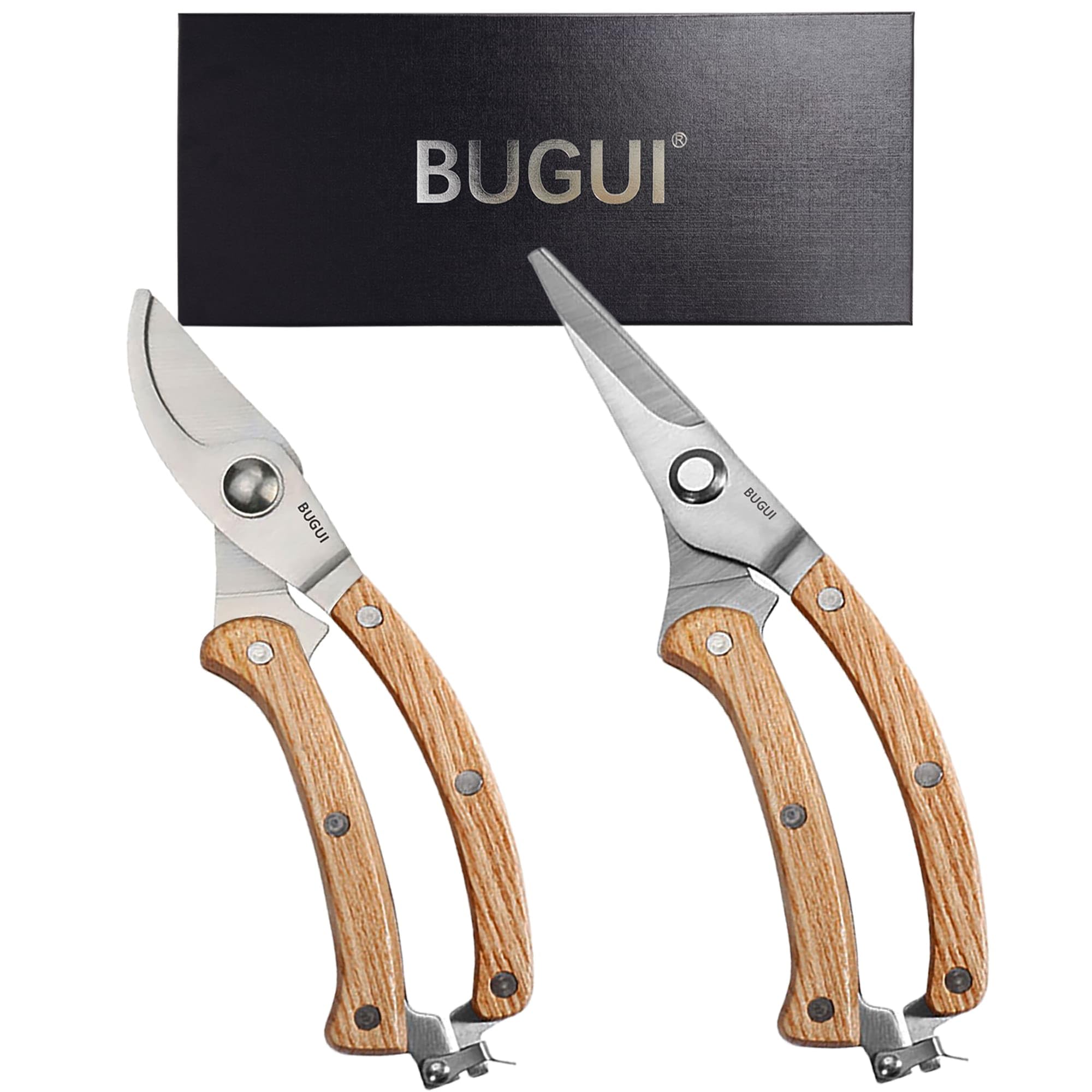 BUGUI Tesoura de Jardim com Cabo de Madeira de 20 Cm (8"), Conjunto com 2pç, Incluindo Tesoura de Poda Tipo Bypass E Tesoura de Poda com Ponta Reta Longa, Ferramentas de Jardinagem Premium com Lâmina
