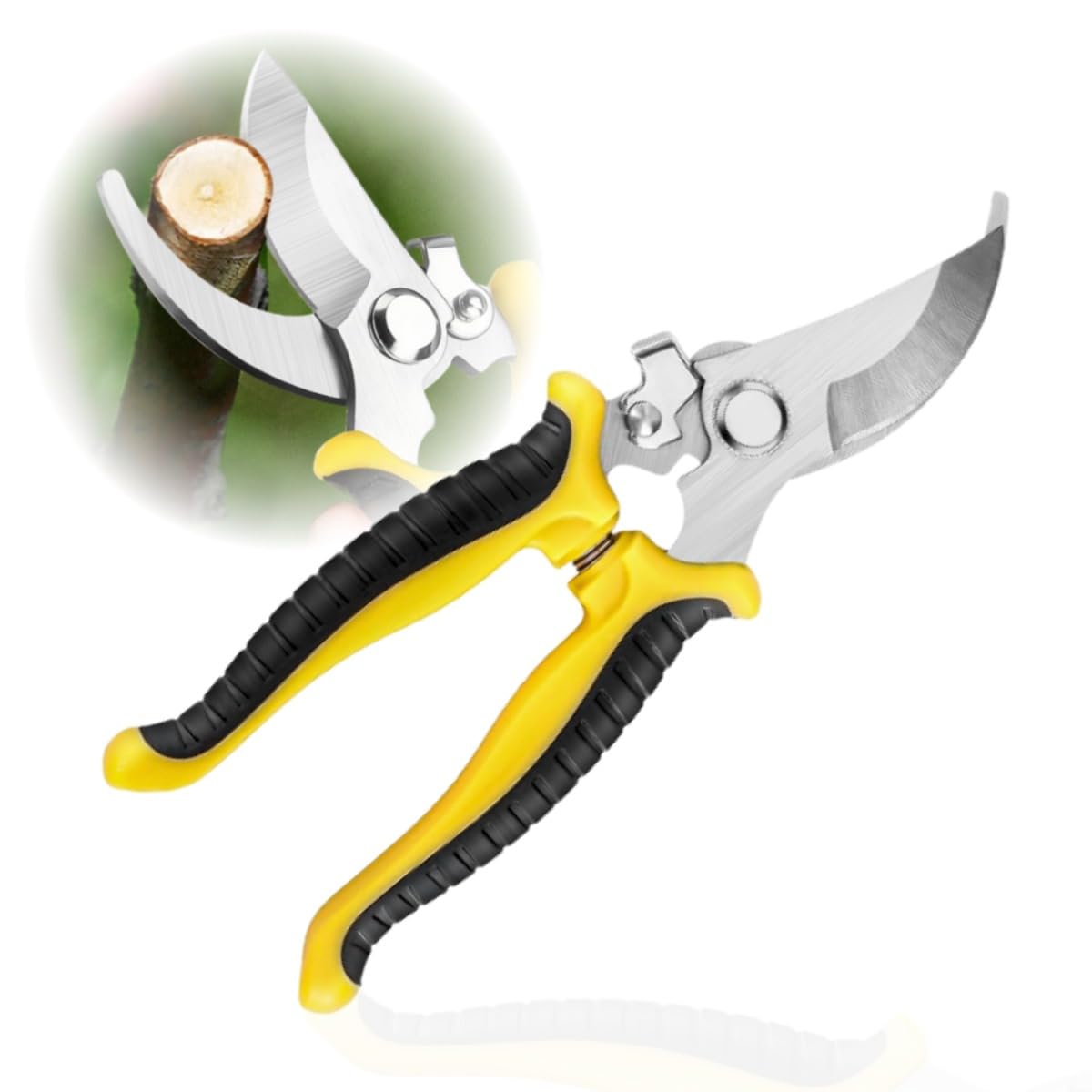 Alicate de Poda Profissional em Aço Carbono, Cabo Ergonômico Emborrachado Amarelo e Preto, com Trava de Segurança para Jardinagem, Flores e Galhos