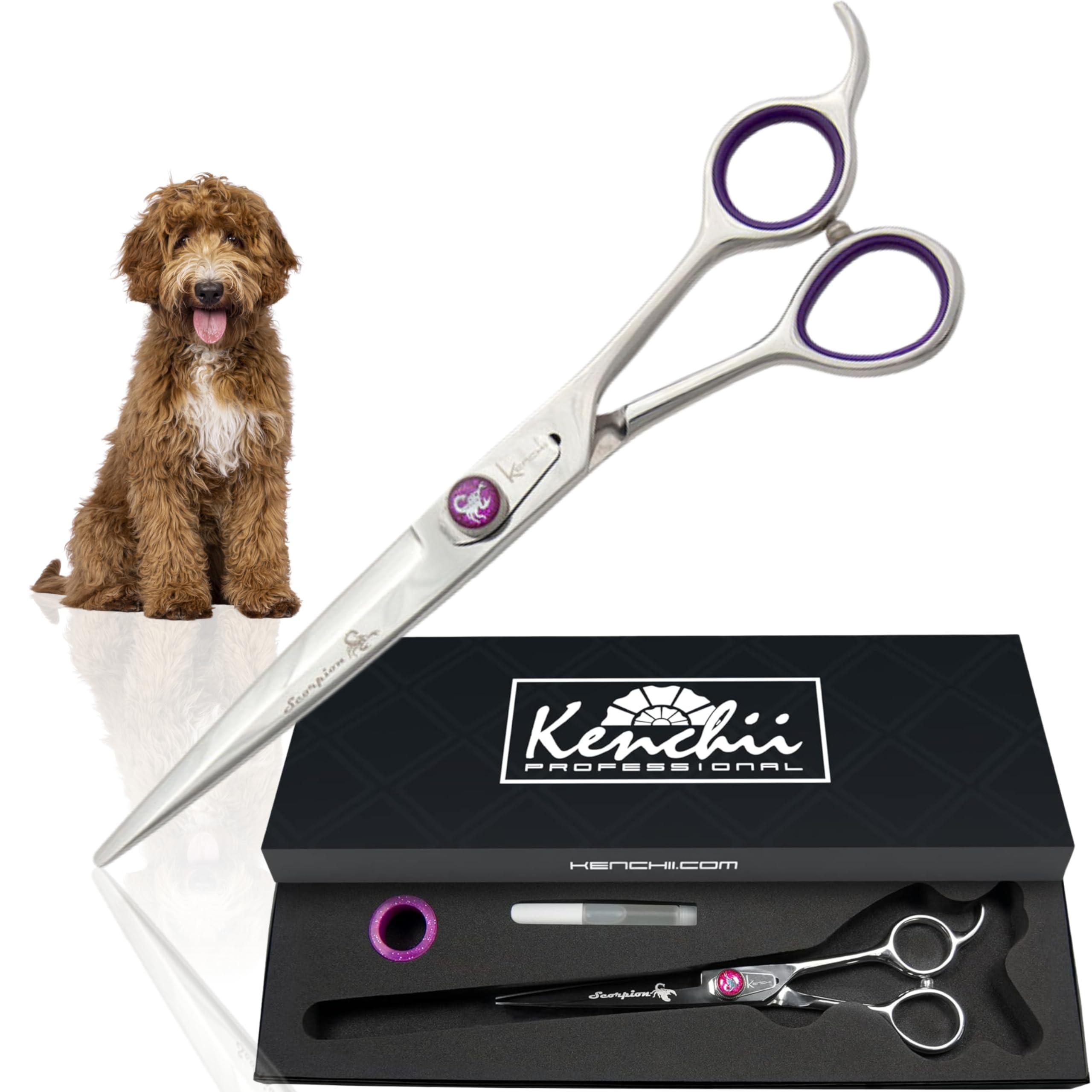 Kenchii Tesoura de tosa Scorpion Dog 18 cm, reta, microserrilhada | Liga de aço japonês, borda micro-serrilhada semiconvexa, alça confortável, tesoura profissional para cuidados com cães