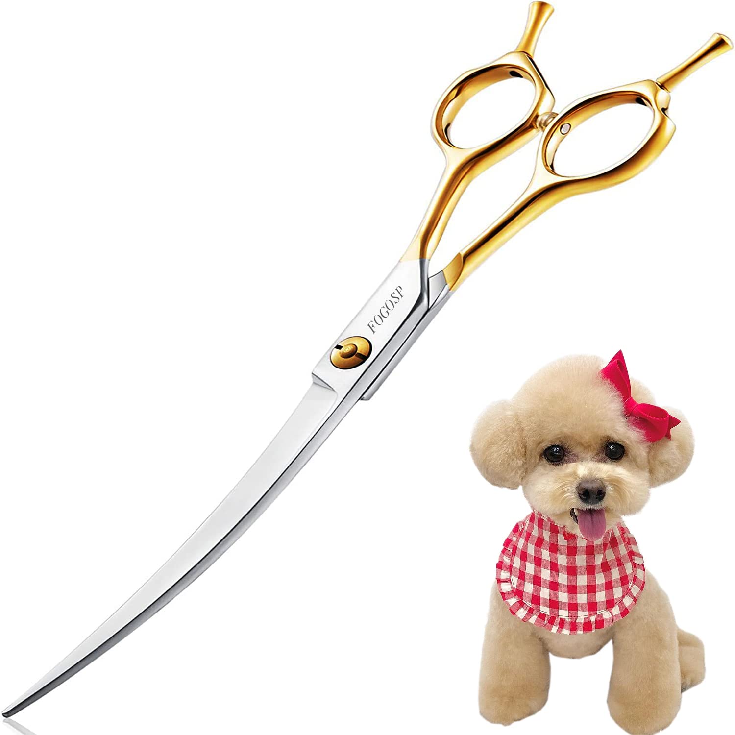 FOGOSP Tesoura de tosa curvada para cães profissional de 17,78 cm para cães tosador destro Japão 440C aço inoxidável (18 cm curvado, dourado)