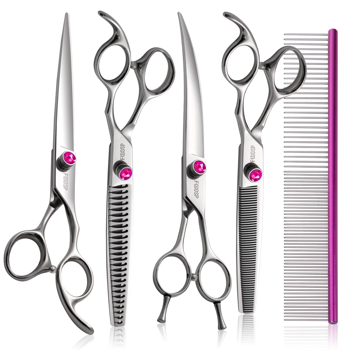 Kit de tesouras de tosa para cães de 19 cm, profissional, curvas, retas e penteadas, conjunto de 5 peças para cuidar de cães grandes, poodle, animal de estimação, Japão, 440C, aço inoxidável (19,5