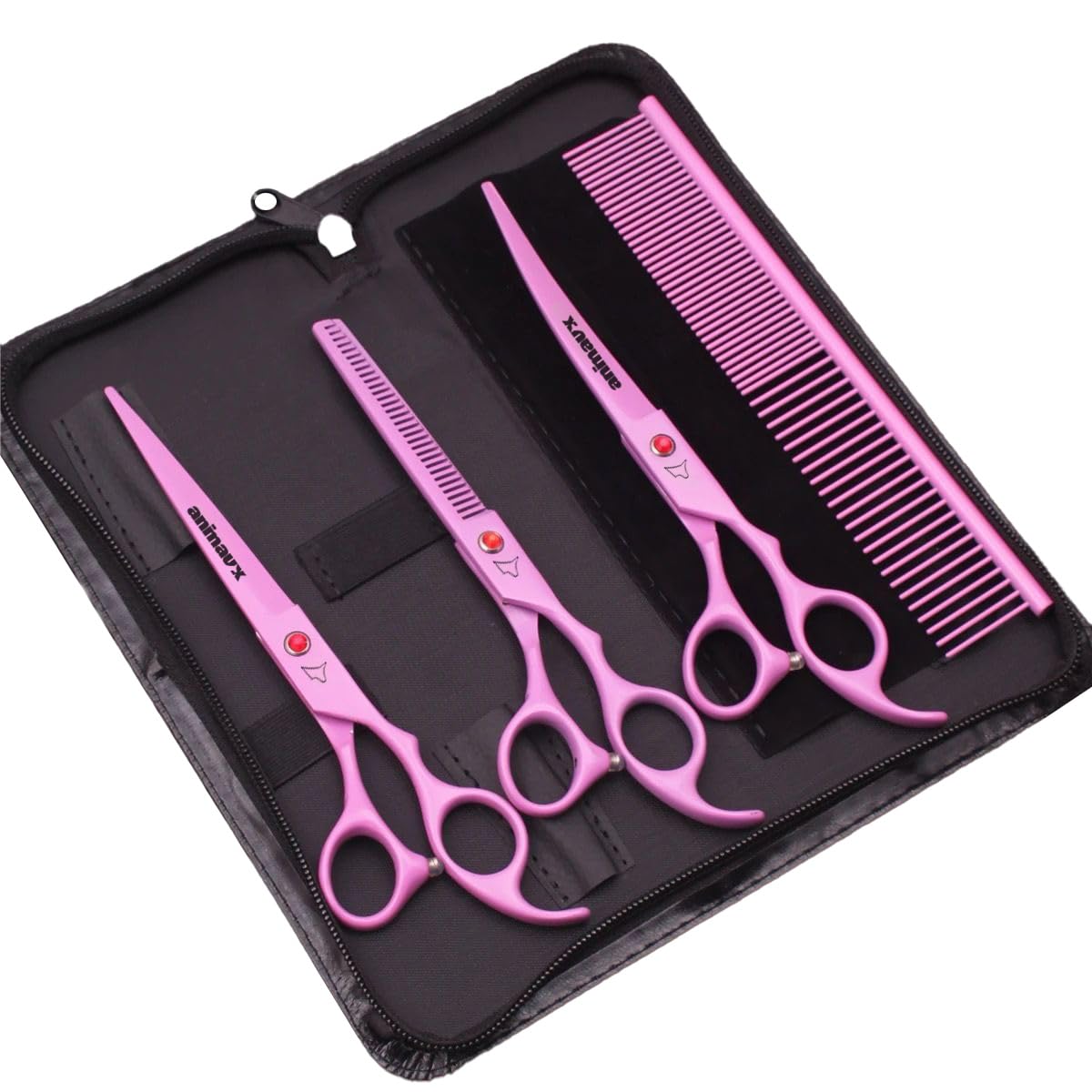 Kit 3 Tesouras e 1 Pente para Banho e Tosa Pet Shop 7 Polegadas (4 PEÇAS) ANIMAUX (Rosa)