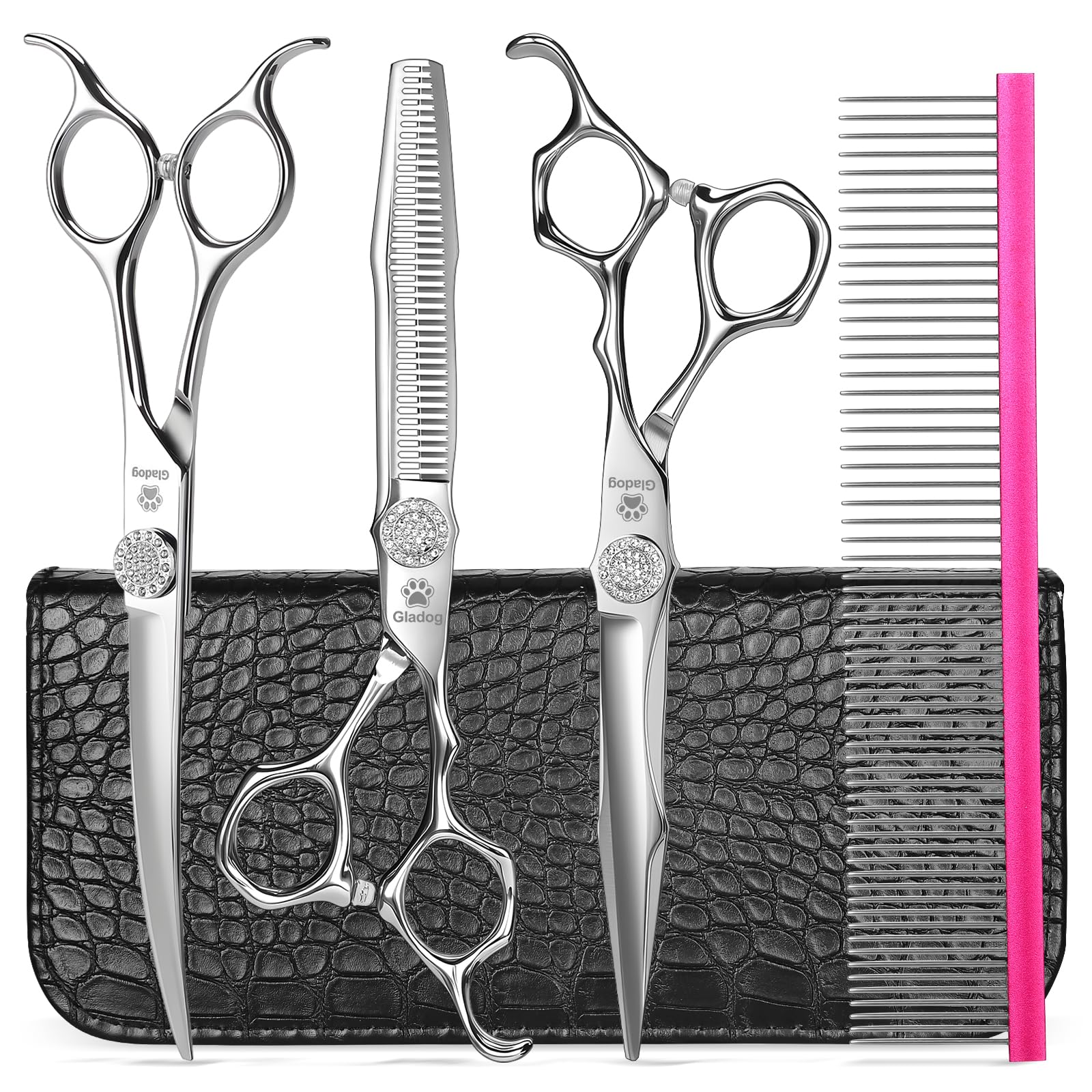 GLADOG Conjunto de tesouras de tosa para cães de luxo – 17,78 cm retas, 16,5 cm, tesouras curvadas para cuidados com cães de 18 cm – Aço 9CR, kit profissional de cuidados para cães