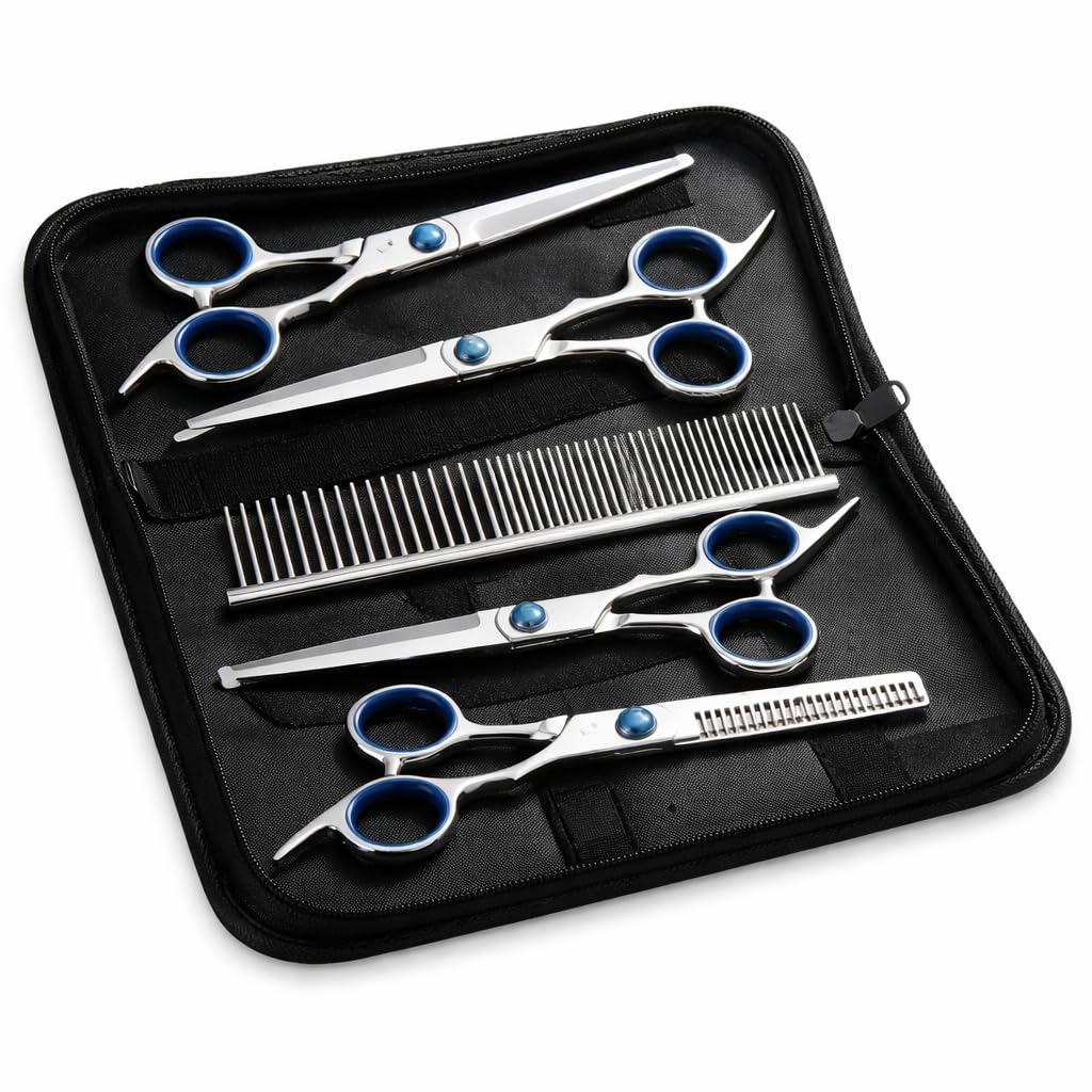 Kit Profissional 7 Peças para Tosa Pet em Aço Inoxidável – Tesouras com Corte Preciso, Desbaste Suave e Acabamento Perfeito para Cães e Gatos