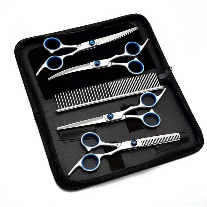 Kit Profissional de Tosa Pet em Aço Inoxidável com Tesouras Retas e Curvas para Cães e Gatos Uso Doméstico e Profissional(Azul)