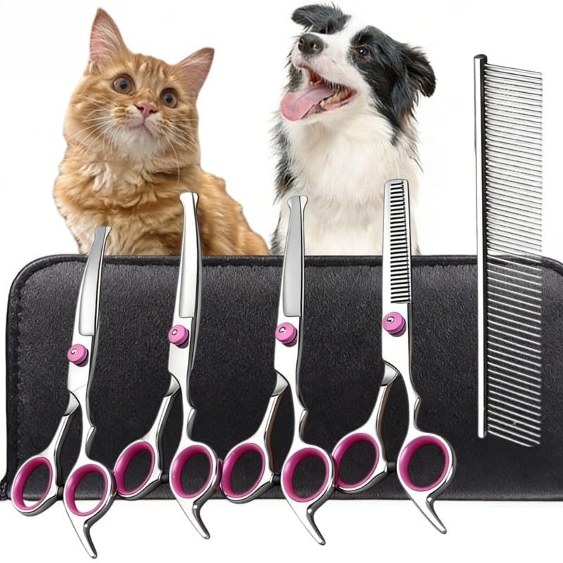 Kit de Tesouras Profissionais 7em 1 para Tosa Pet em Aço Inoxidável para Cães e Gatos Uso Doméstico e Profissional(Vermelho)