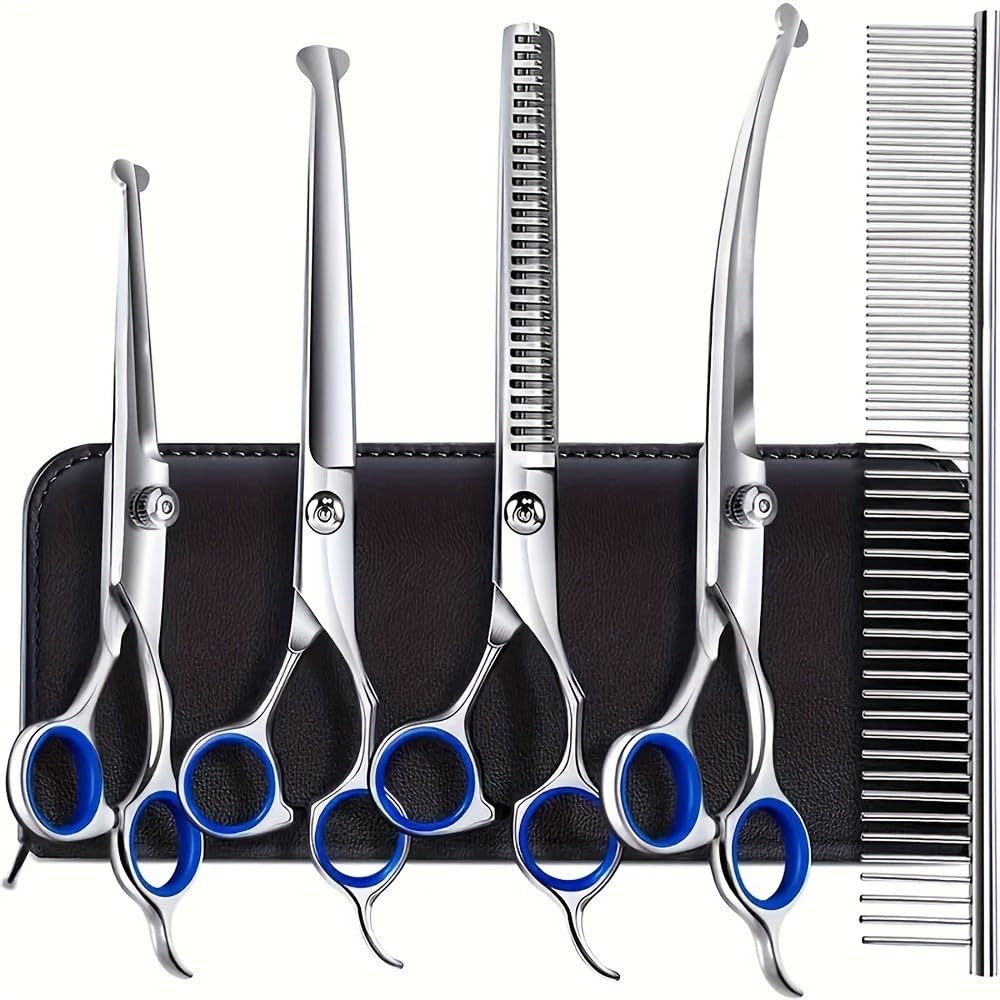 Kit Tosquiador Profissional 5 em 1 para Cães e Gatos com Tesouras de Ponta Arredondada em Aço Inoxidável para Tosa Segura em Casa e Pet Shop(5pcs(Cabeça redonda))