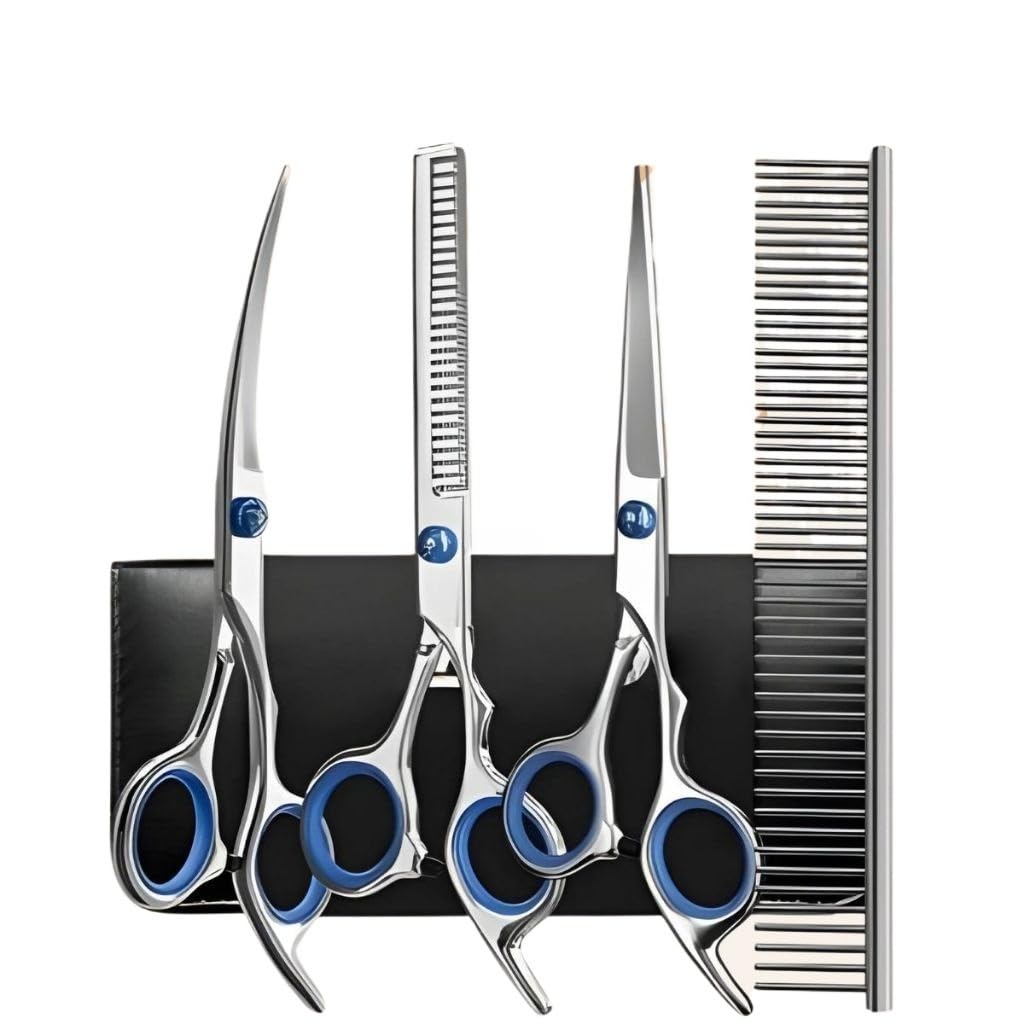 Kit Profissional de Tesouras para Tosa Pet Cachorro e Gato em Aço Inoxidável com Tesoura Curva e Tesoura de Desbaste para Grooming Seguro