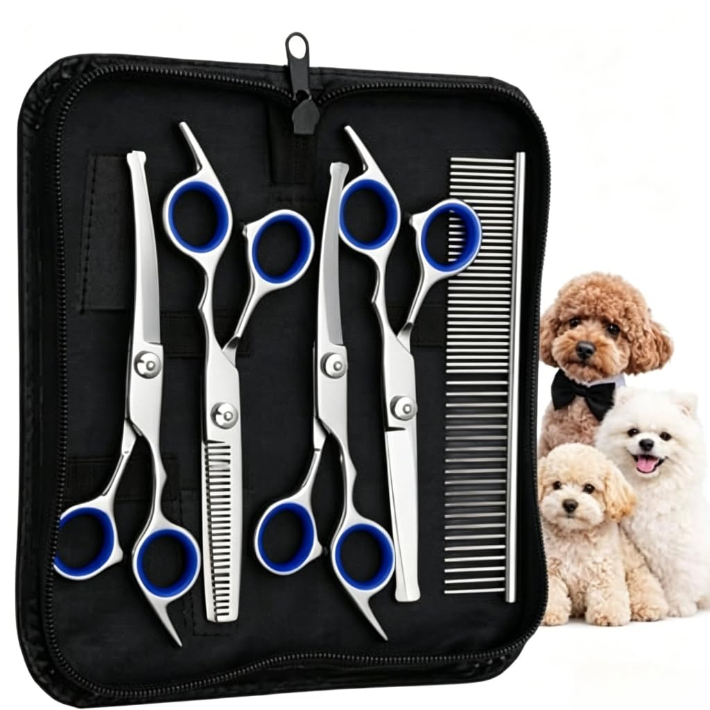 Kit Profissional de Tesouras para Tosa Pet 5 em 1 em Aço Inoxidável – Não Puxa o Pelo para Cães e Gatos