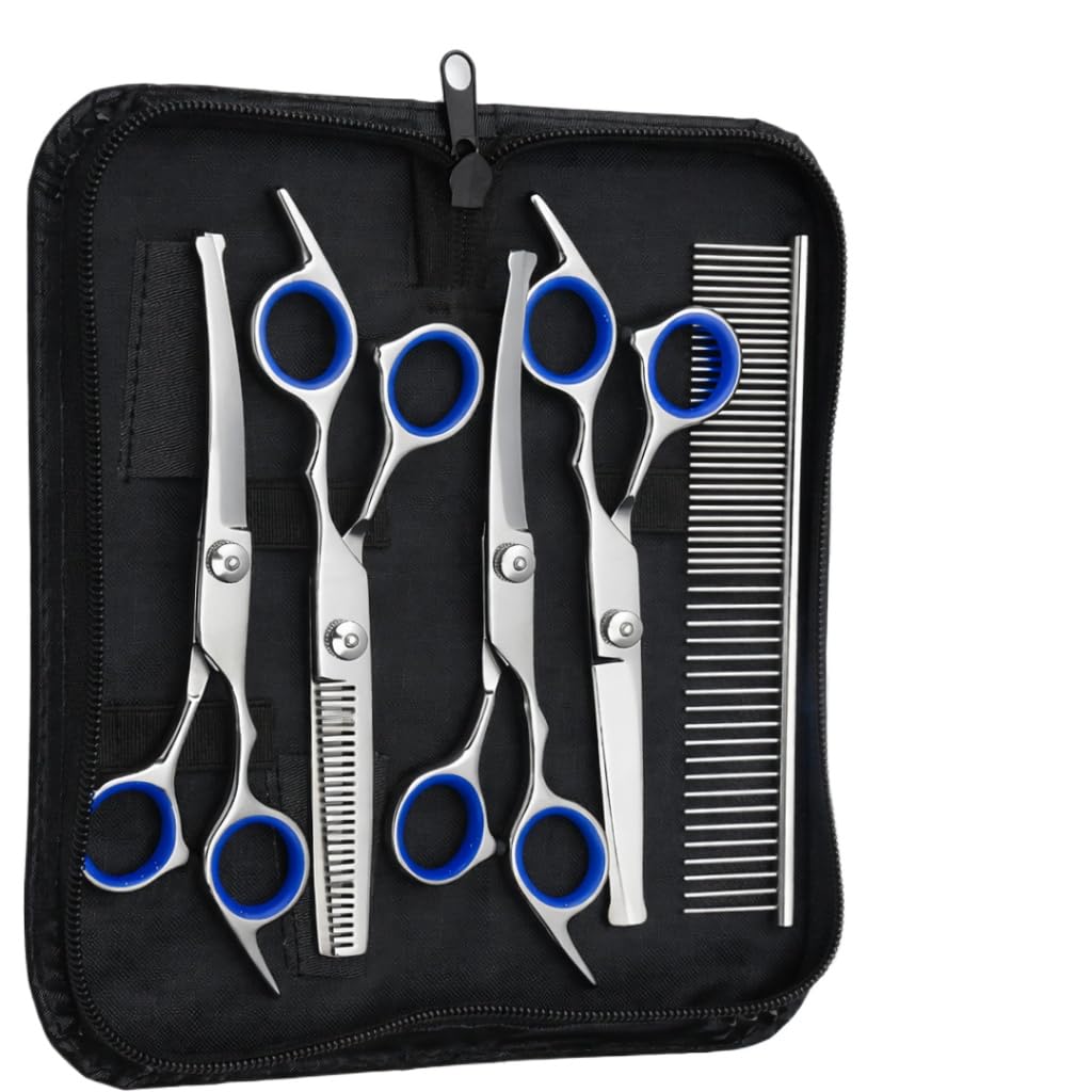 Kit Profissional de Tesouras para Tosa Pet 5 em 1 em Aço Inox | Corte Preciso e Suave para Cães e Gatos | Não Puxa os Pelos, Uso Profissional e Doméstico