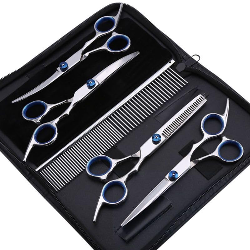 Kit 5 em 1 Tesoura Profissional para Cães e Gatos Tesoura Reta Curva Desbaste Pente Aço Inoxidável Estojo para Tosa Pet(Kit 5)