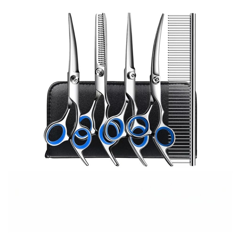 Kit Tesoura de Tosa Profissional Pet 2 ou 5 Peças Curva Reta Desbaste Ponta Redonda ou Fina para Cães e Gatos(5PCS-Azul)