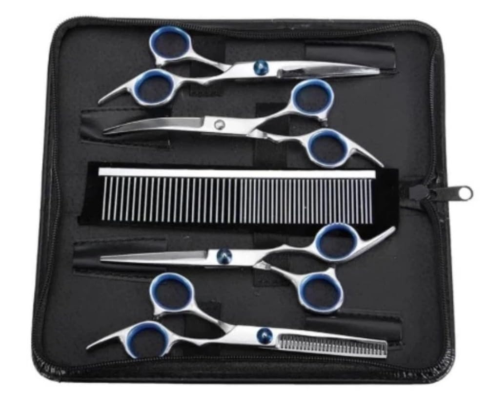 Kit Tesoura para Pet 7/5/2 Peças - Corte de Cabelo Galvanizado Preto Profissional para Tosa(5PCS-Azul)