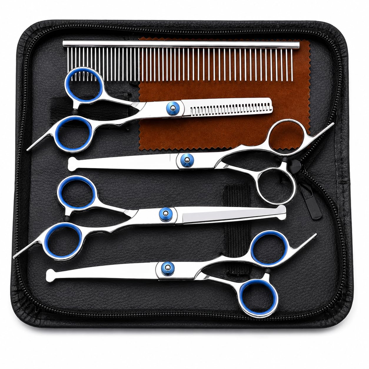 Kit 4 Tesouras Profissionais para Tosa Pet 6" em Aço Inoxidável, Reta, Tubarão e 2 Curvas + Pente e Estojo para Banho e Tosa