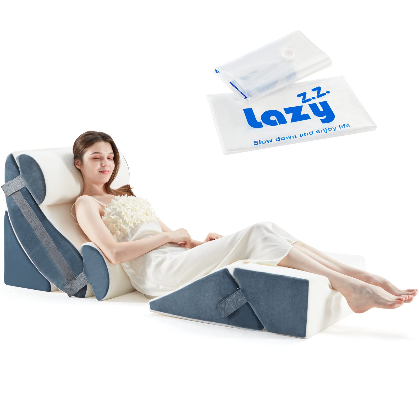Lazyzizi Conjunto de almofadas ortopédicas de 6 peças de espuma viscoelástica para alívio da dor no joelho, lombar e nas costas travesseiro ajustável - refluxo ácido, anti-ronco e sono de DRGE, cinza