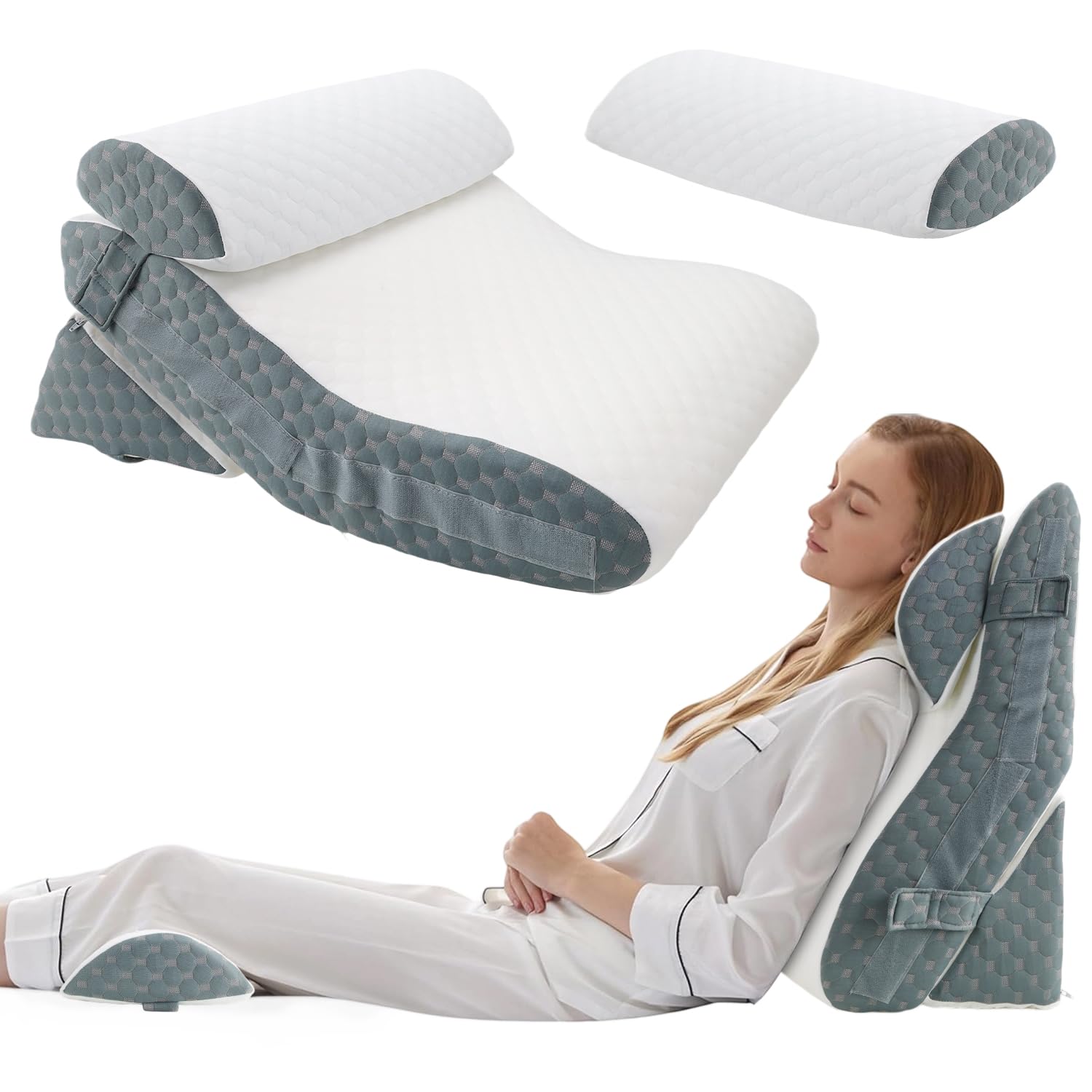Conjunto de 4 peças travesseiro triangular, travesseiro de espuma pós-operatório, ajustável almofada lombar (com fronha), adequado para pós-cirurgia, alívio de refluxo ácido e dor nas costas, etc.