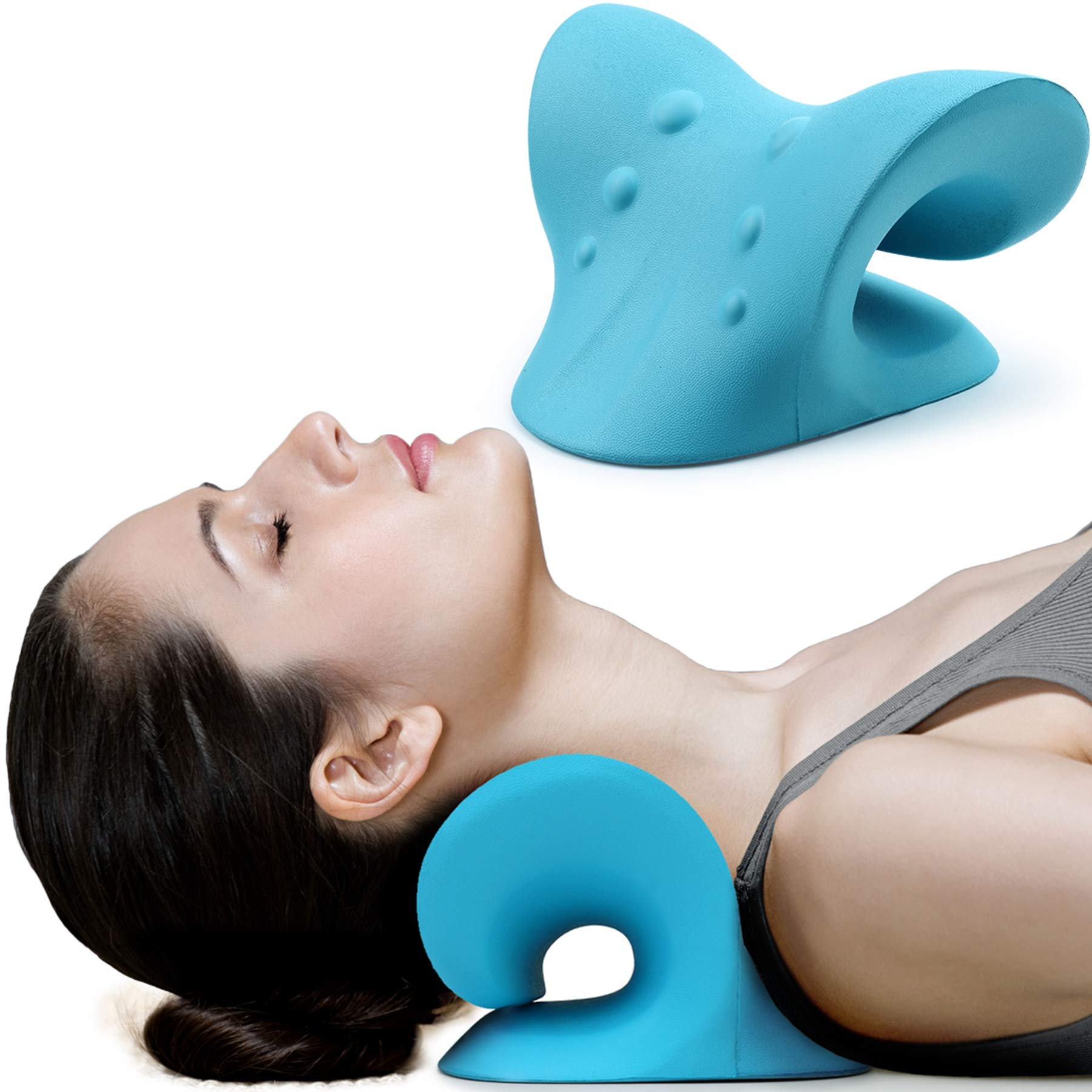 RESTCLOUD Relaxante de pescoço e ombro, dispositivo de tração cervical para alívio da dor na ATM e alinhamento da coluna cervical, travesseiro quiroprático (azul)