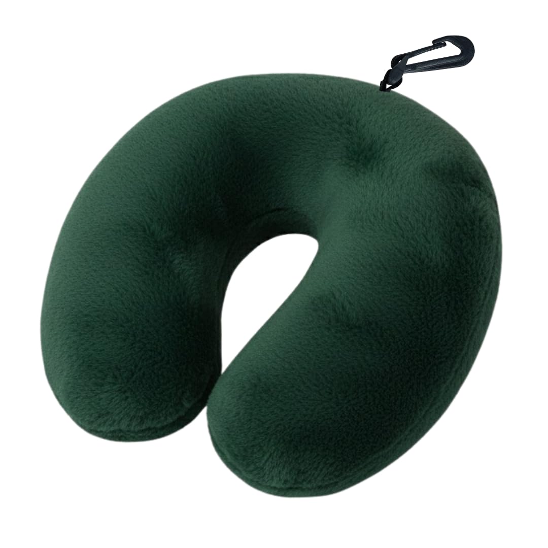 Almofada de Pescoço para Viagem com Suporte Cervical, Enchimento Silicone Antialérgico, Tecido Fleece Macio, Zíper e Mosquetão Portátil (VERDE)