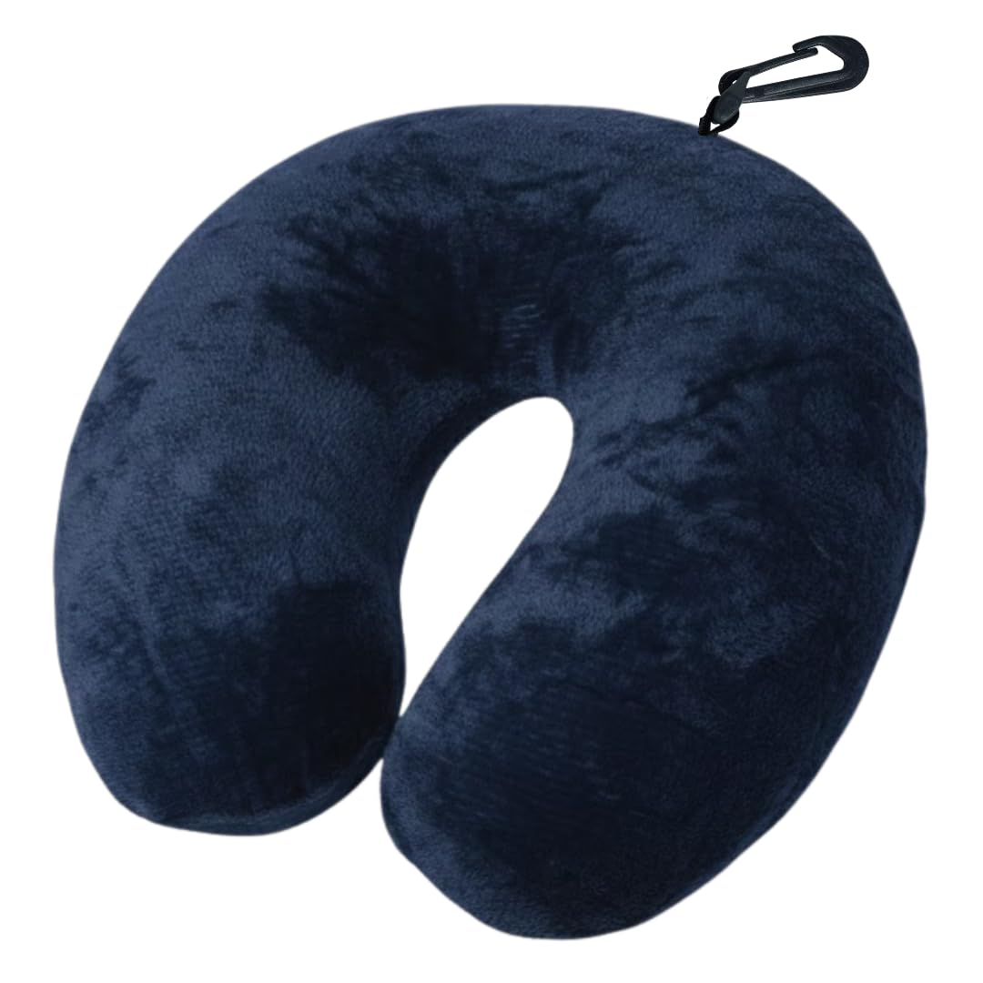 Almofada de Pescoço para Viagem com Suporte Cervical, Enchimento Silicone Antialérgico, Tecido Fleece Macio, Zíper e Mosquetão Portátil (AZUL)