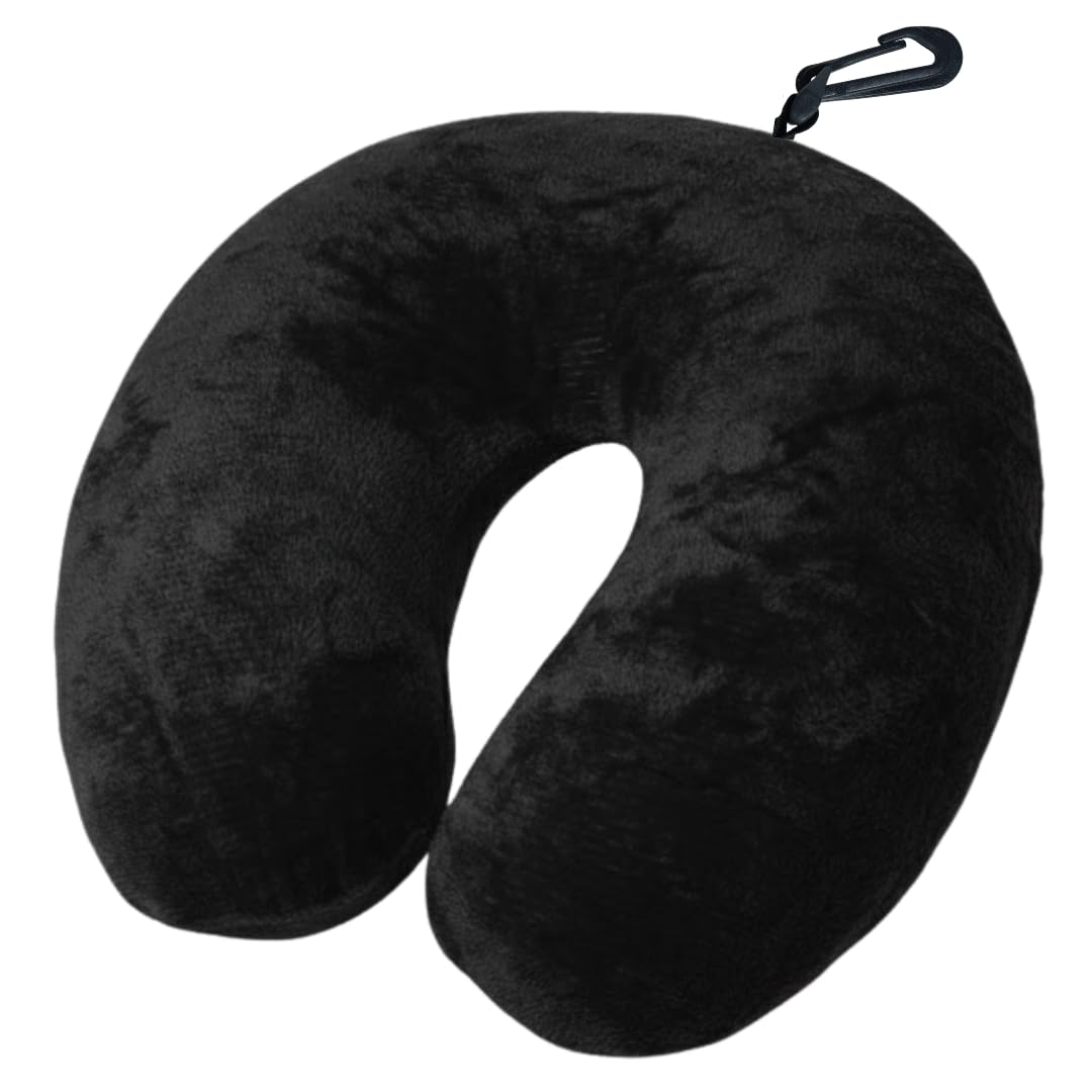 Almofada de Pescoço para Viagem com Suporte Cervical, Enchimento Silicone Antialérgico, Tecido Fleece Macio, Zíper e Mosquetão Portátil (PRETO)