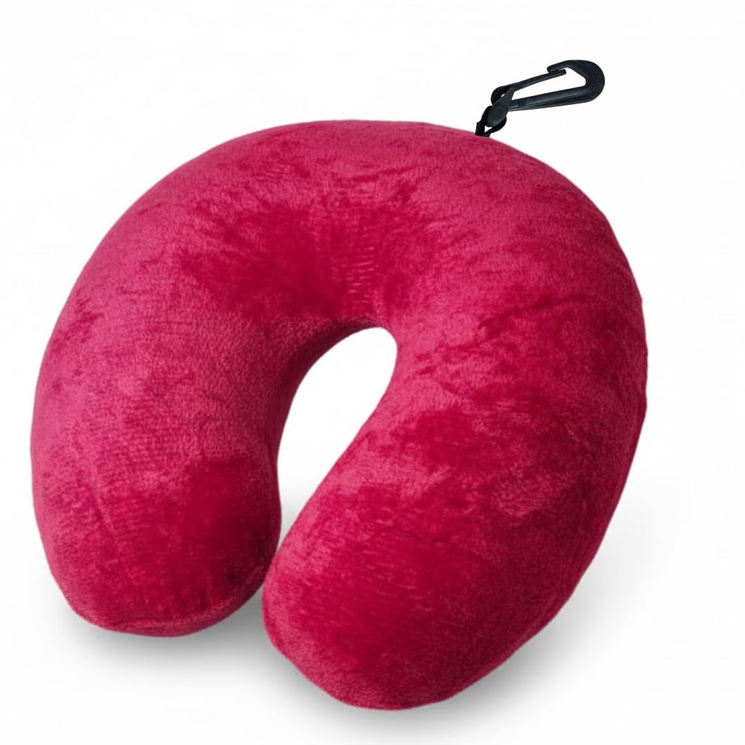 Almofada de Pescoço para Viagem com Suporte Cervical, Enchimento Silicone Antialérgico, Tecido Fleece Macio, Zíper e Mosquetão Portátil (VERMELHO)