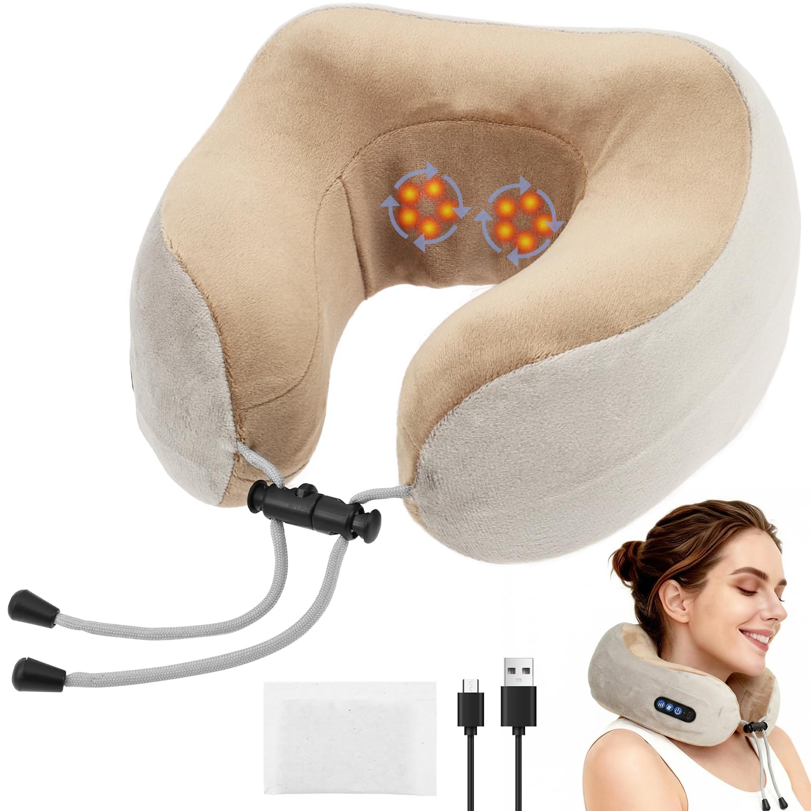 Travesseiro massageador de pescoço sem fio, massageador de pescoço elétrico portátil para alívio da dor nos tecidos profundos, almofada de massagem recarregável em forma de U com 3 níveis de força e 3