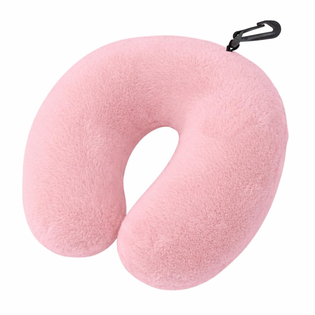 Almofada de Pescoço para Viagem com Suporte Cervical, Enchimento Silicone Antialérgico, Tecido Fleece Macio, Zíper e Mosquetão Portátil (ROSA)