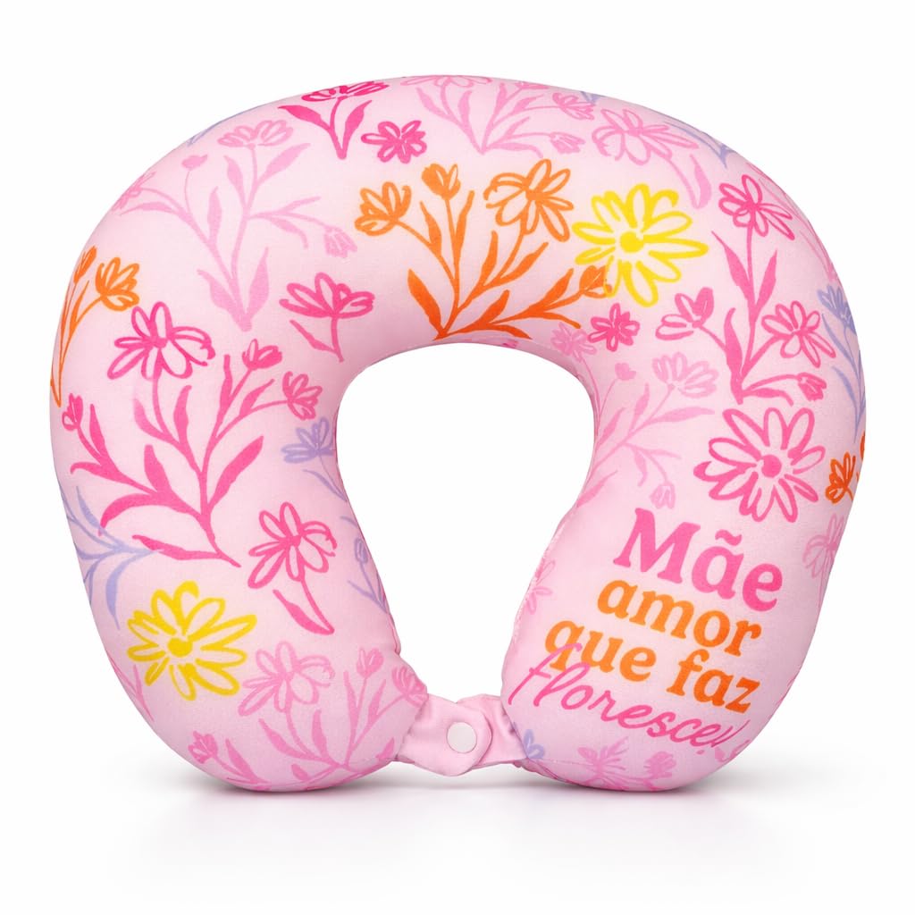 Almofada de Pescoço Ergonômica Mãe Amor Que Faz Florescer 27x28cm em Poliéster Macio – Apoio Cervical Confortável para Viagem, Descanso e Presente Afetivo