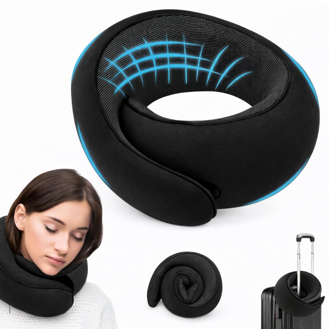Almofada de Pescoço Ajustável Suporte 360º | Tecido de Poliéster, Espuma de Memória, Dobrável | Conforto para Viagem, Avião, Carro, Trabalho e Uso Diário | Cor Preto