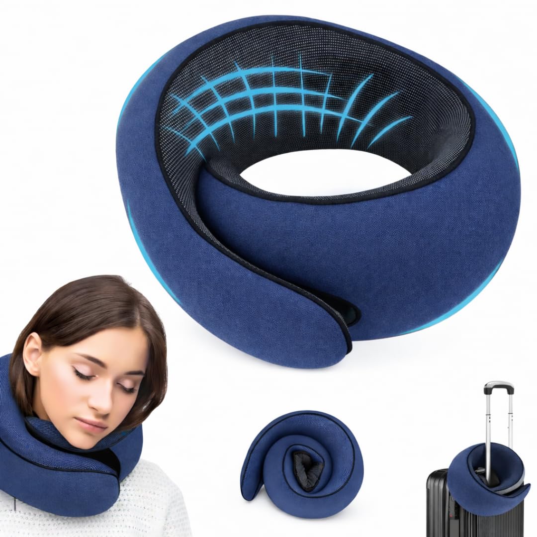 Almofada de Pescoço Ajustável Suporte 360º | Tecido de Poliéster, Espuma de Memória, Dobrável | Conforto para Viagem, Avião, Carro, Trabalho e Uso Diário | Cor Azul