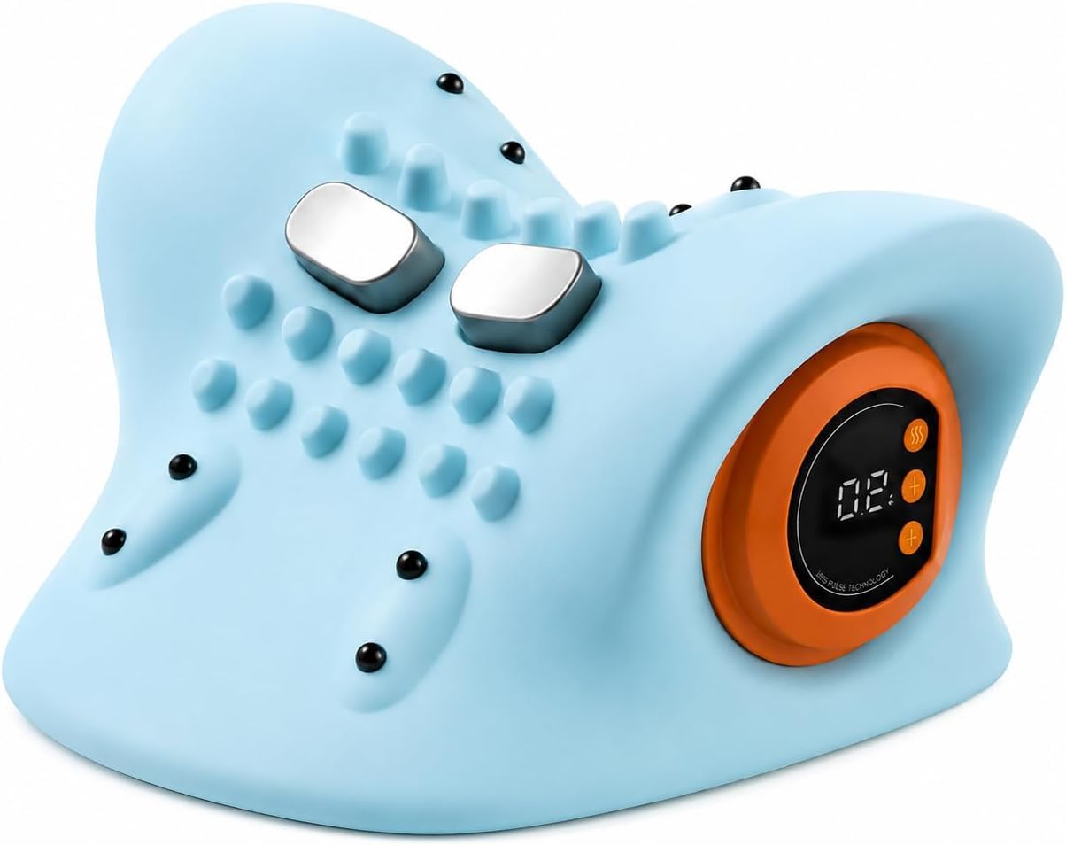 Massageador Cervical Elétrico para Dor no Pescoço e Ombro, Tração com Aquecimento 42°C-45°C e Massagem Magnética, 9 Modos 6 Intensidades, 2 Lados de Alongamento, Alívio Postural para Casa e Escritório